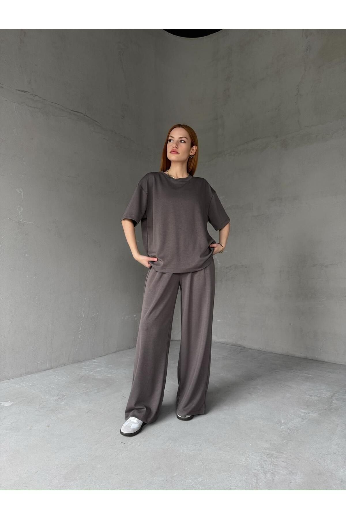 Cappmoda TKM-1113 Antrasit Modal Kumaş Yarım Kol Basic Bluz Palazzo Bel Lastikli Alt İkili Takım