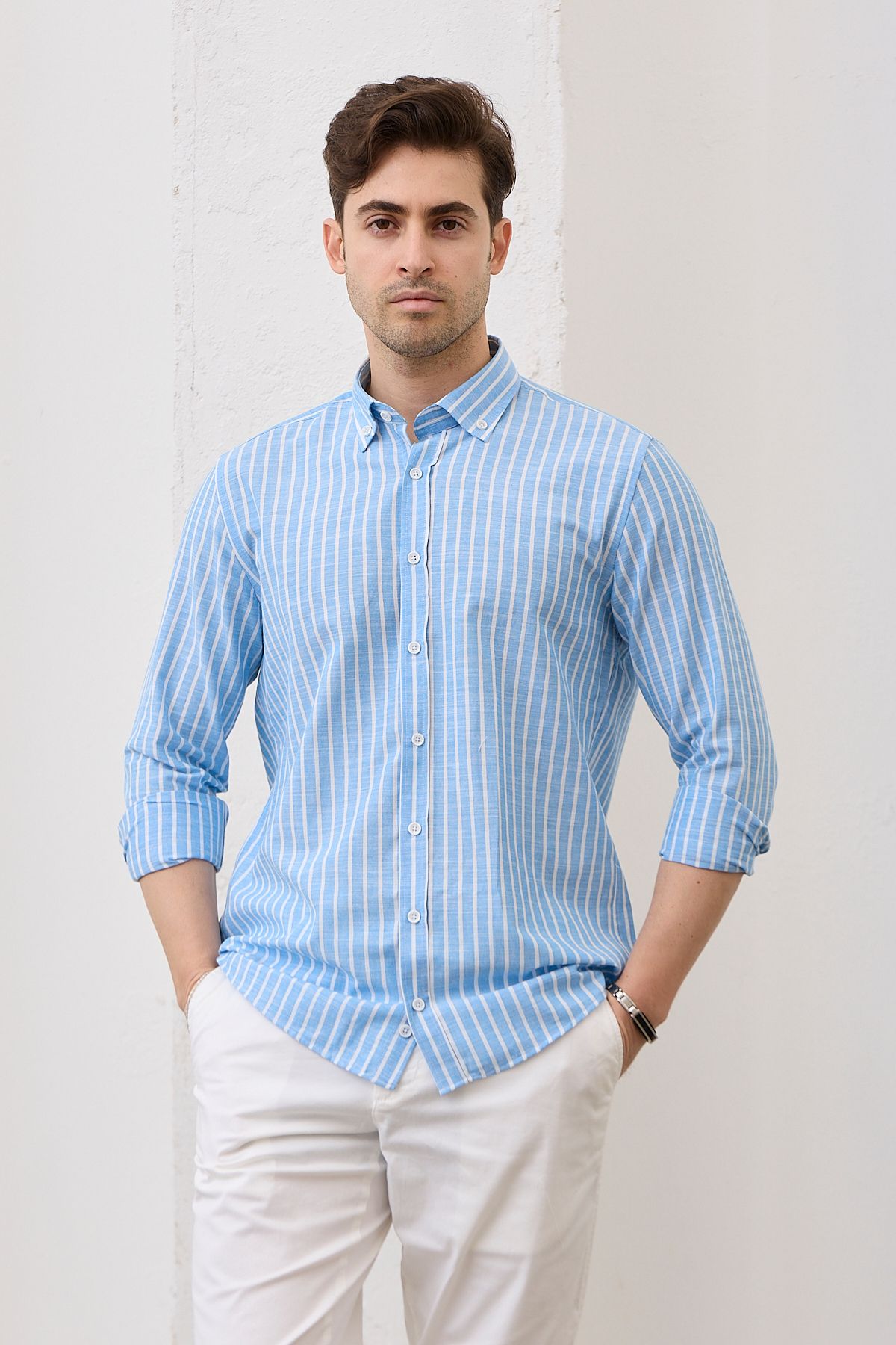 Yardalı Slim Fit Çizgili Uzun Kollu Düğmeli Yaka %100 Pamuk Erkek Gömlek