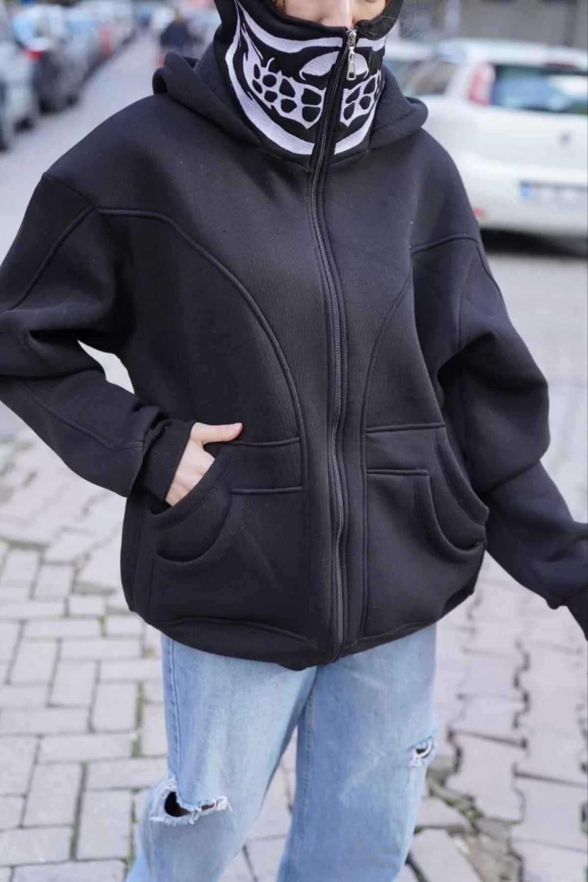 CVS Samuray Kapşonlu ZIP Fermuarlı Çift Kapşonlu Nakışlı SweatShirt- Siyah