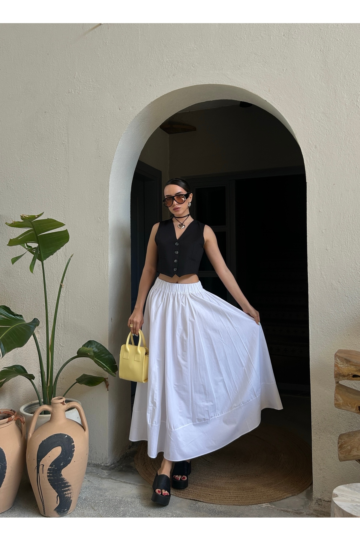 minaaise  Beyaz Poplin Beli Lastikli Uzun Etek 27321 - Görsel 4