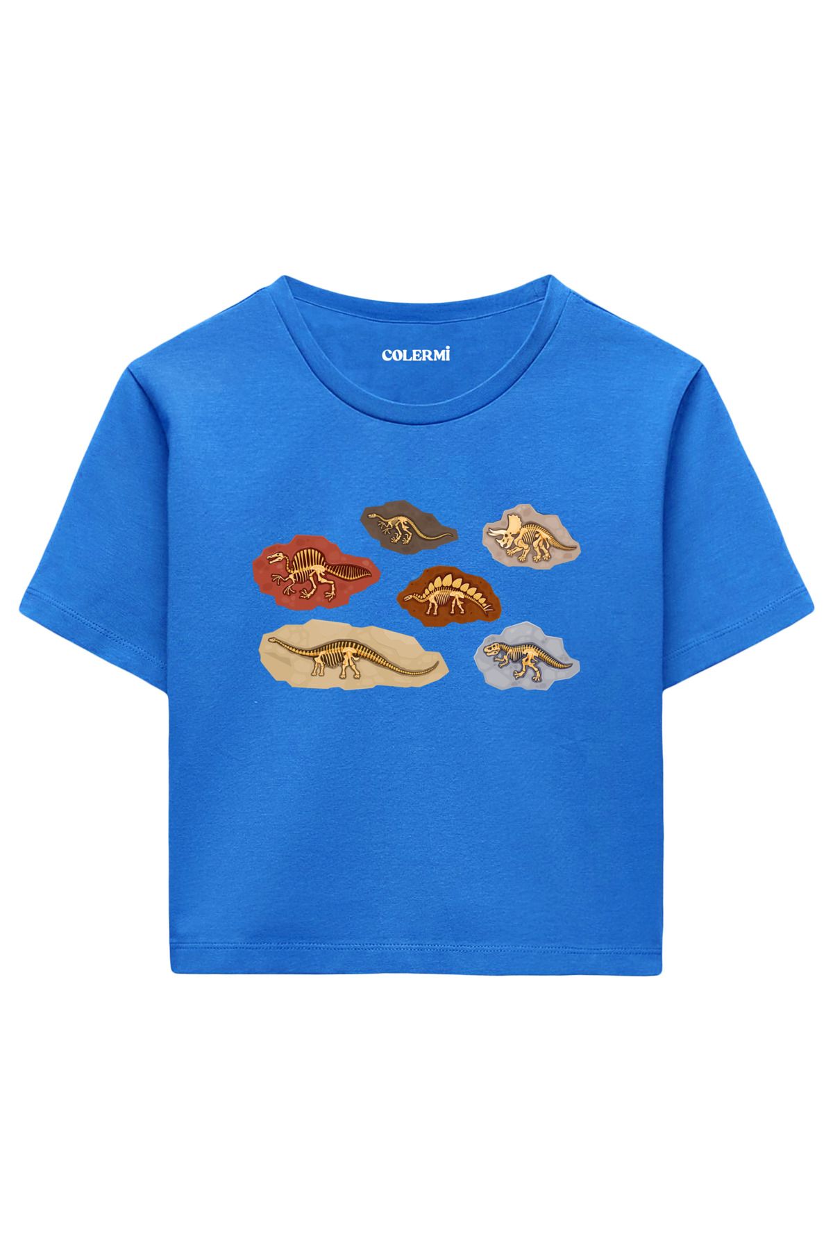Colermi Dinozor Fosil Baskılı %100 Pamuk Kadın Crop Tshirt
