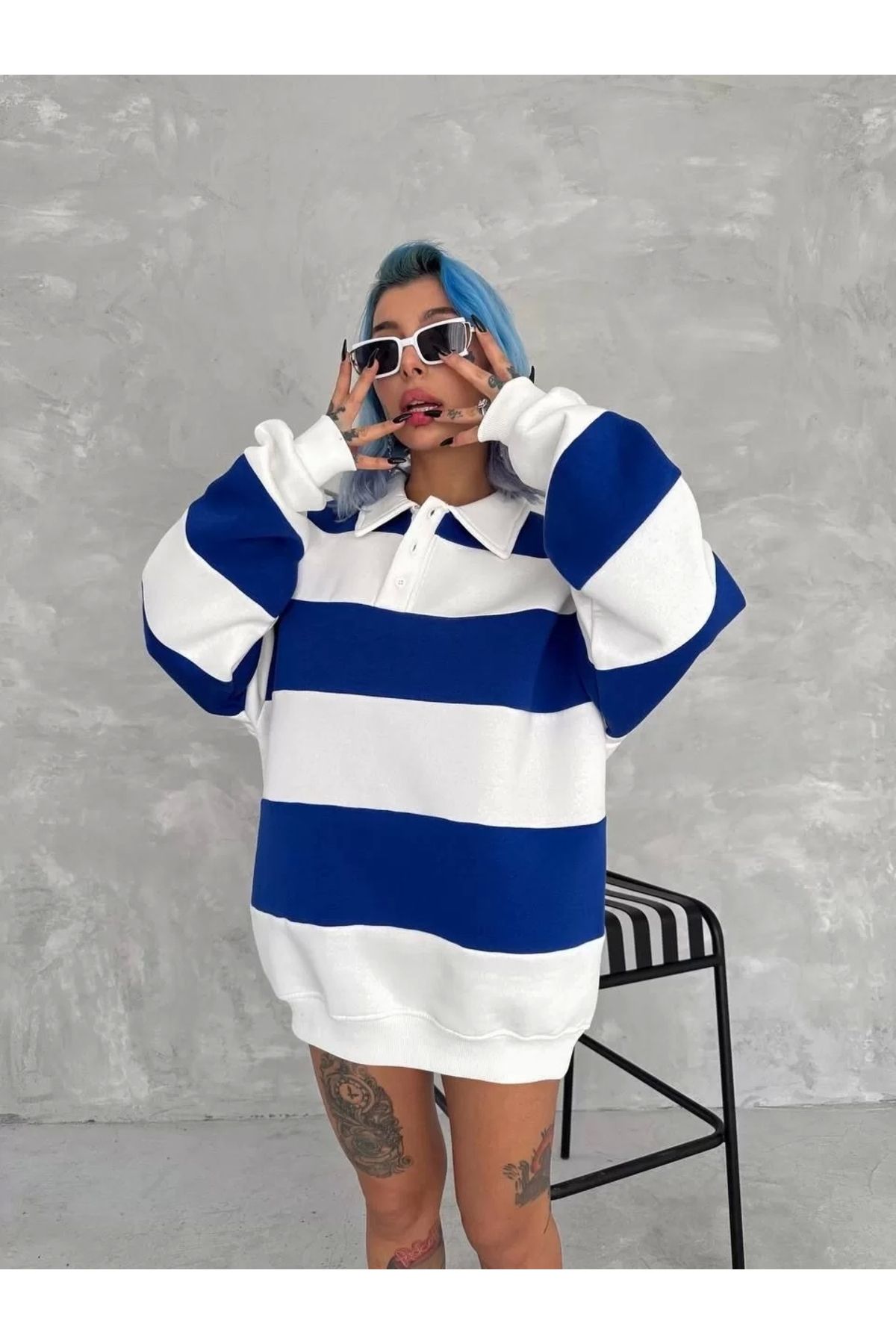 CVS Unisex Üç İplik Parçalı Yakalı SweatShirt - Mavi
