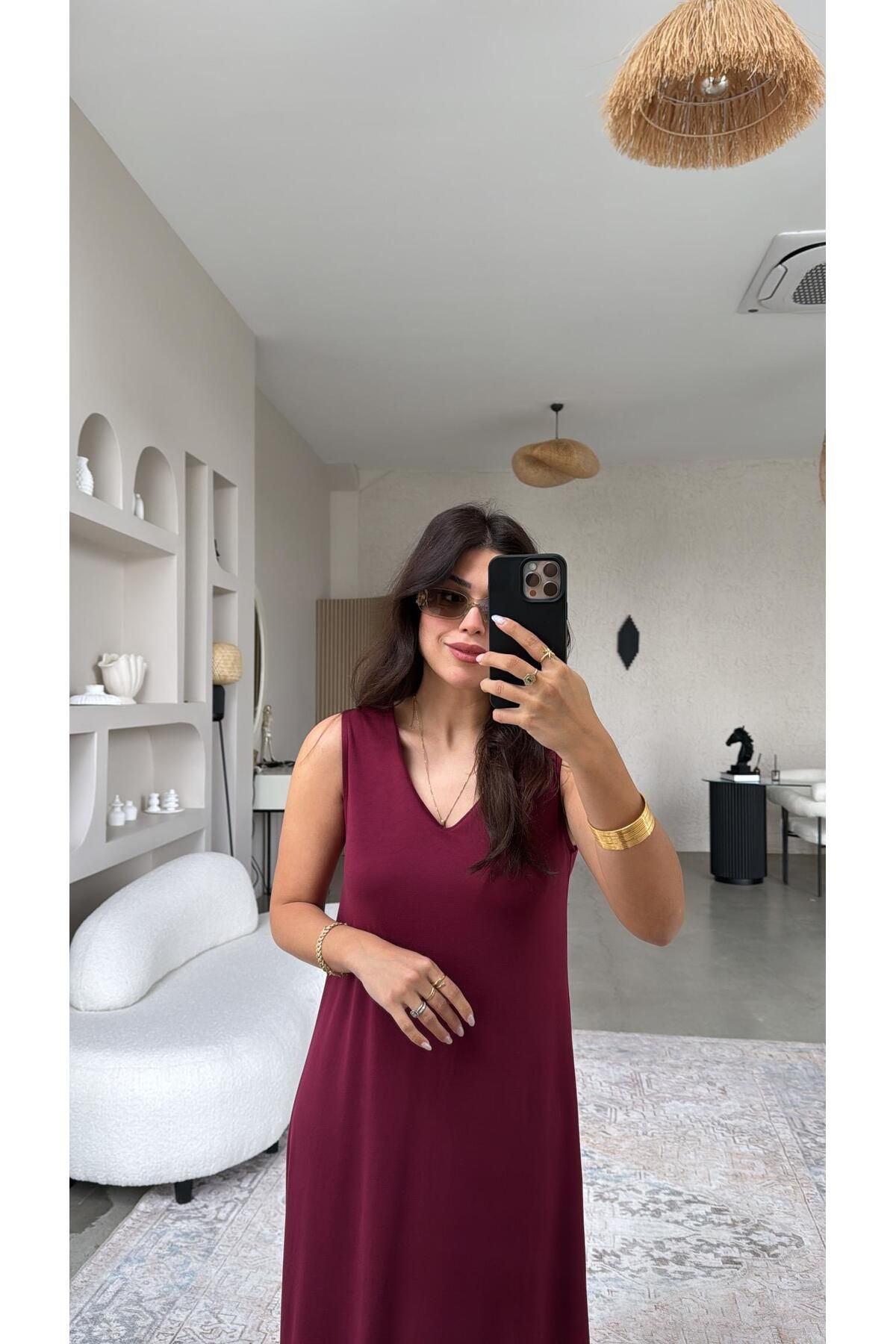 Buket Teke Bordo V Yaka Midi Boy Pike Modal Elbise