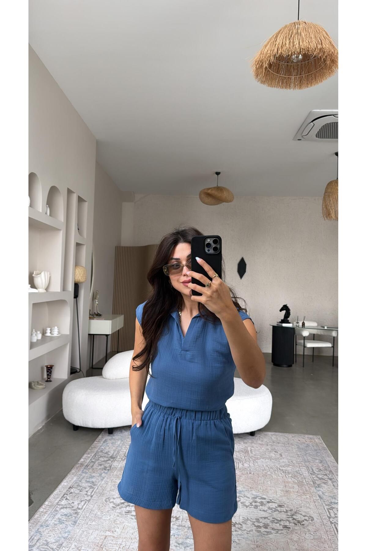 Buket Teke Mavi Müslin Şortlu Takım