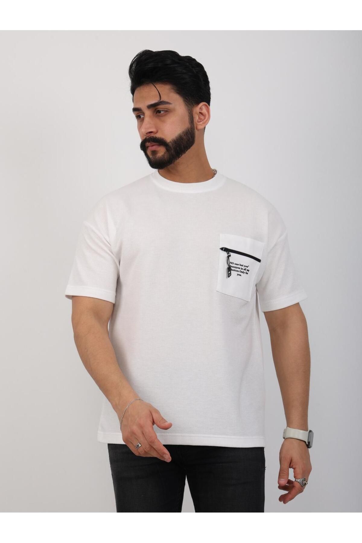 twentyfive25 Erkek Bisiklet Yaka Baskılı Cep Detaylı Oversize Tişört