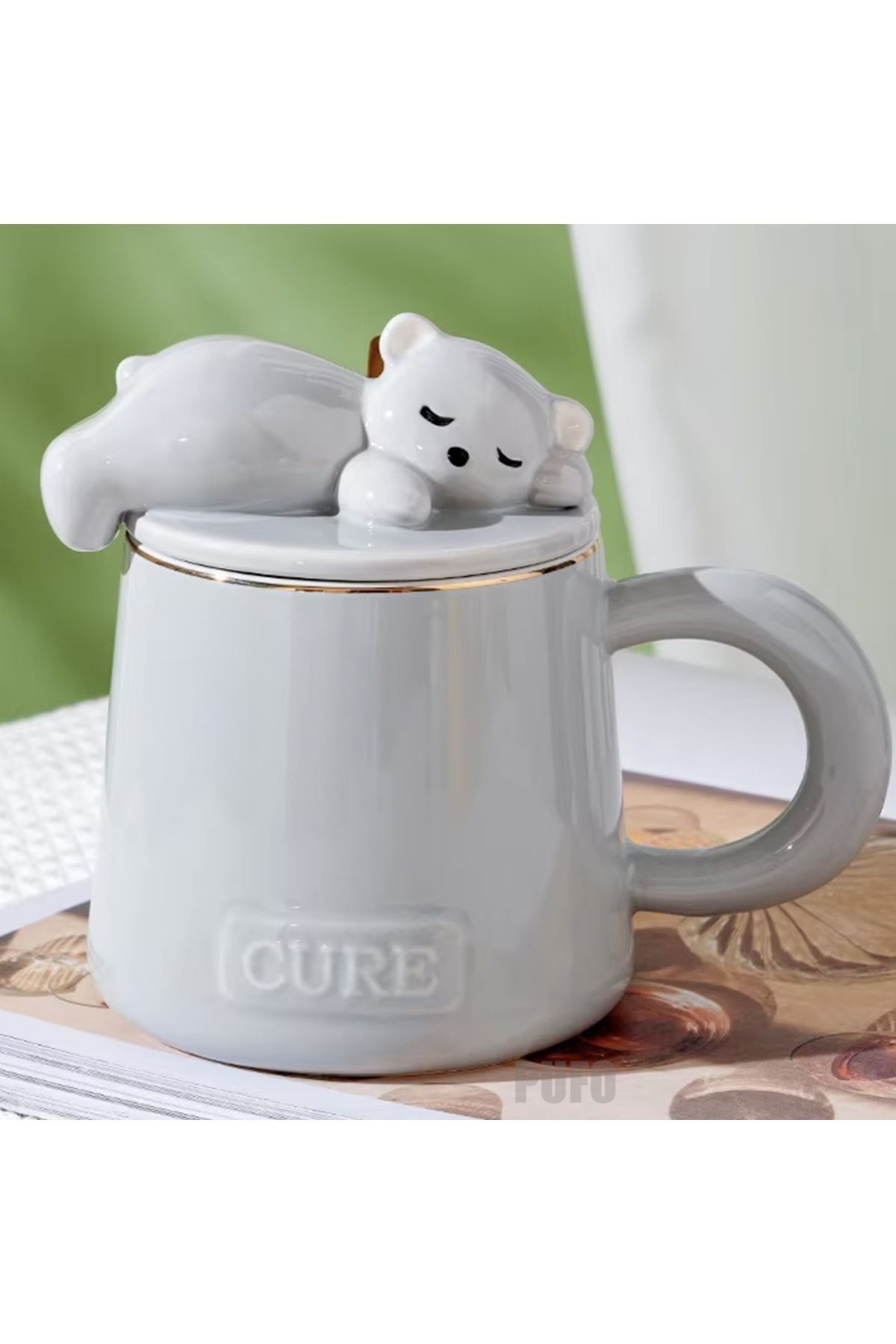 PUFO-Sleepy Bear ceramic mug with lid and spoon for coffee or tea, 320 ml, gray 4