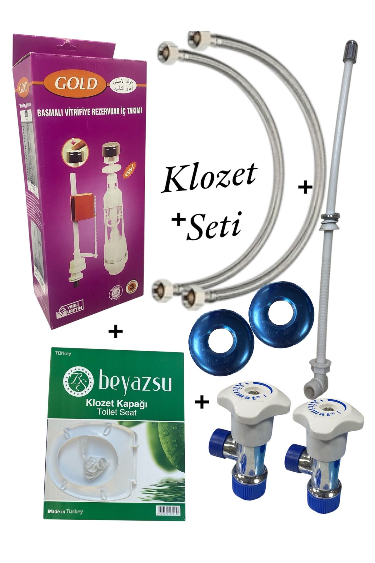 Beyazsu Klozet Takım Seti (7 Parça) - Gold İç Takım+Taharet Çubuğu+Klozet Kapağı+2 Flex+2 Ara Musluk+2 Ayna