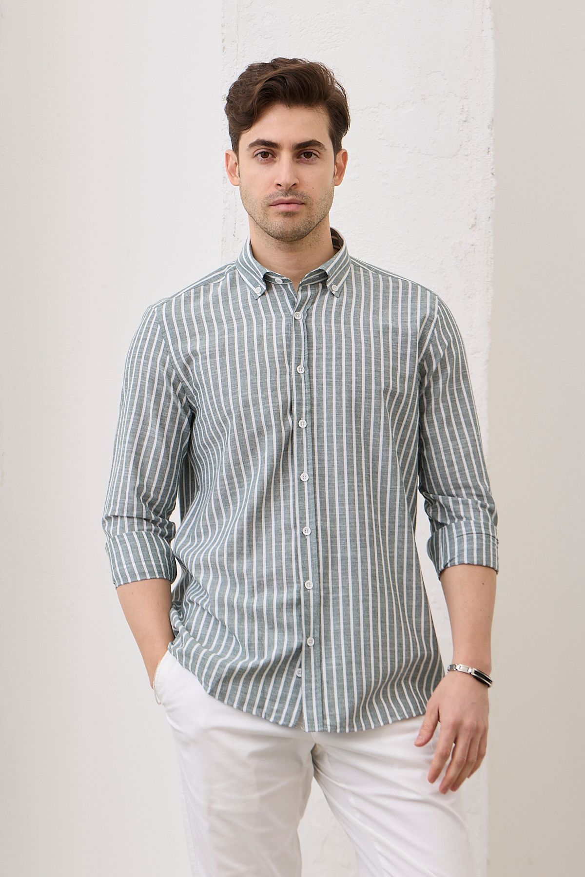 Yardalı Slim Fit Çizgili Uzun Kollu Düğmeli Yaka %100 Pamuk Erkek Gömlek