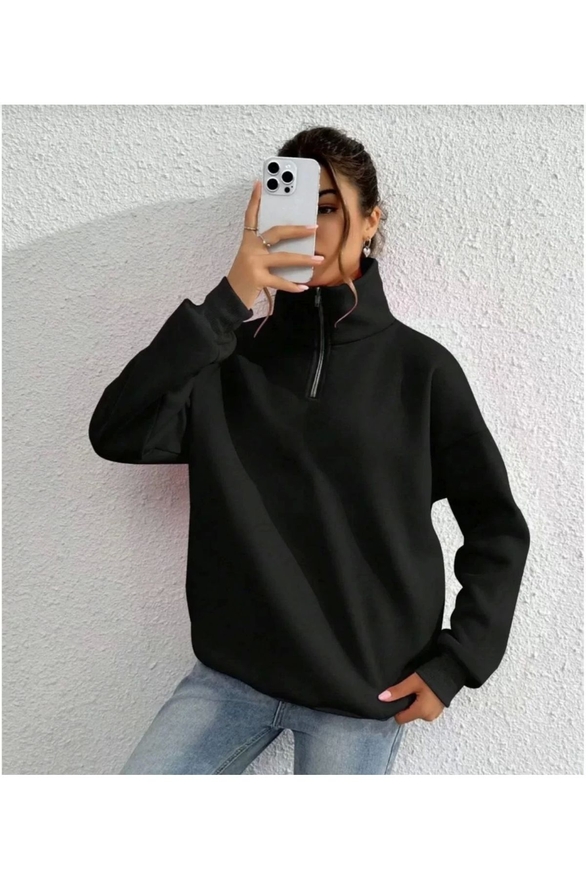 CVS Unisex Uzun Kol Yarım Farmuarlı Yakalı Basic SweatShirt - Siyah