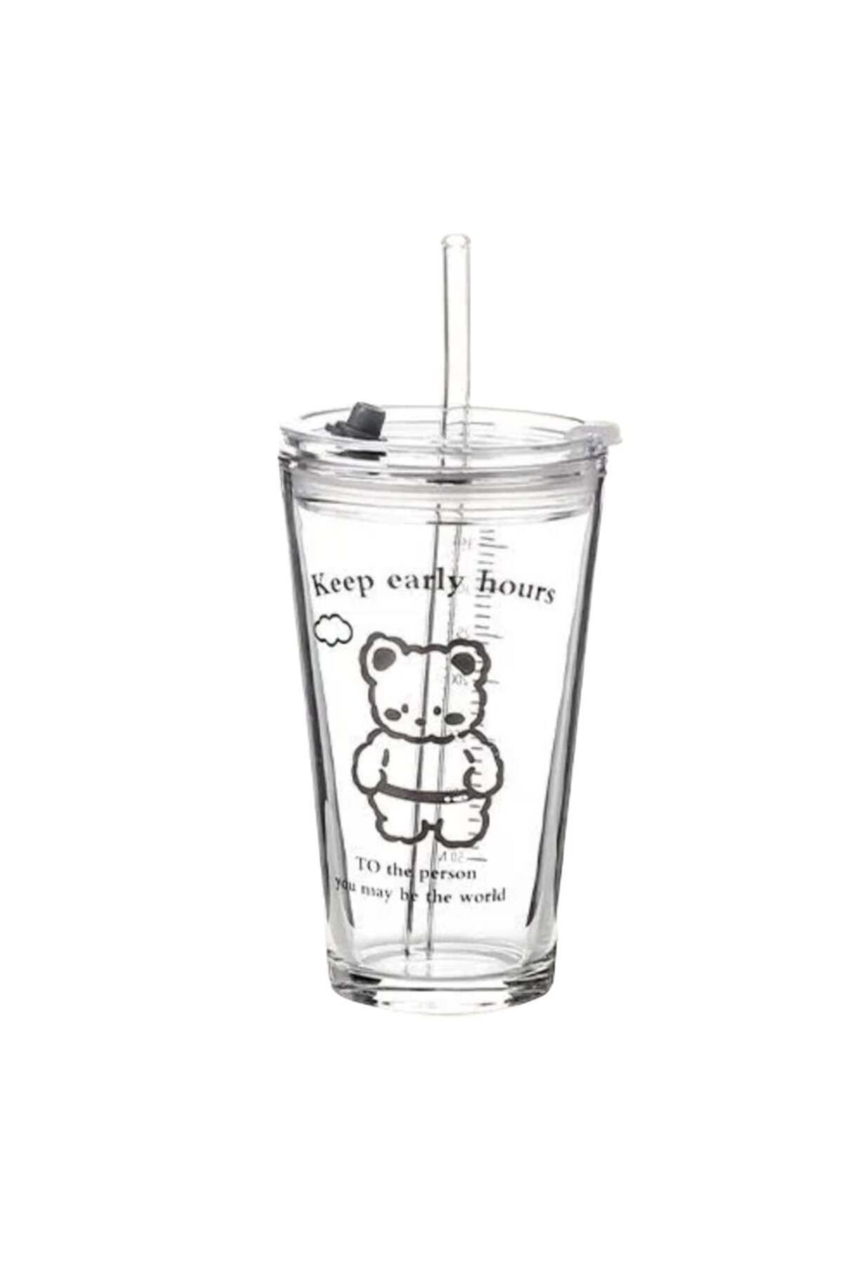 PUFO Cană De Cafea Transparentă Din Sticlă Cu Capac, 450 Ml, Model Bear - One Size