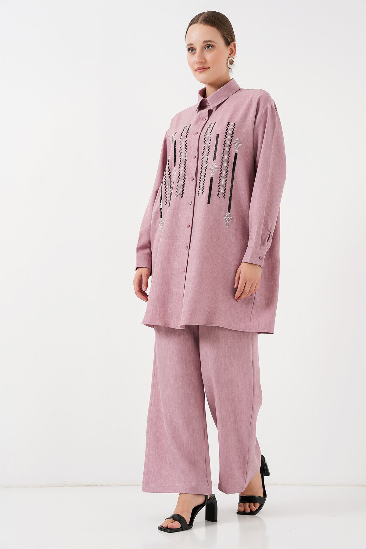 Bigdart-Patterned Tunic Trousers Double Set 6720 - Dusty Rose 4