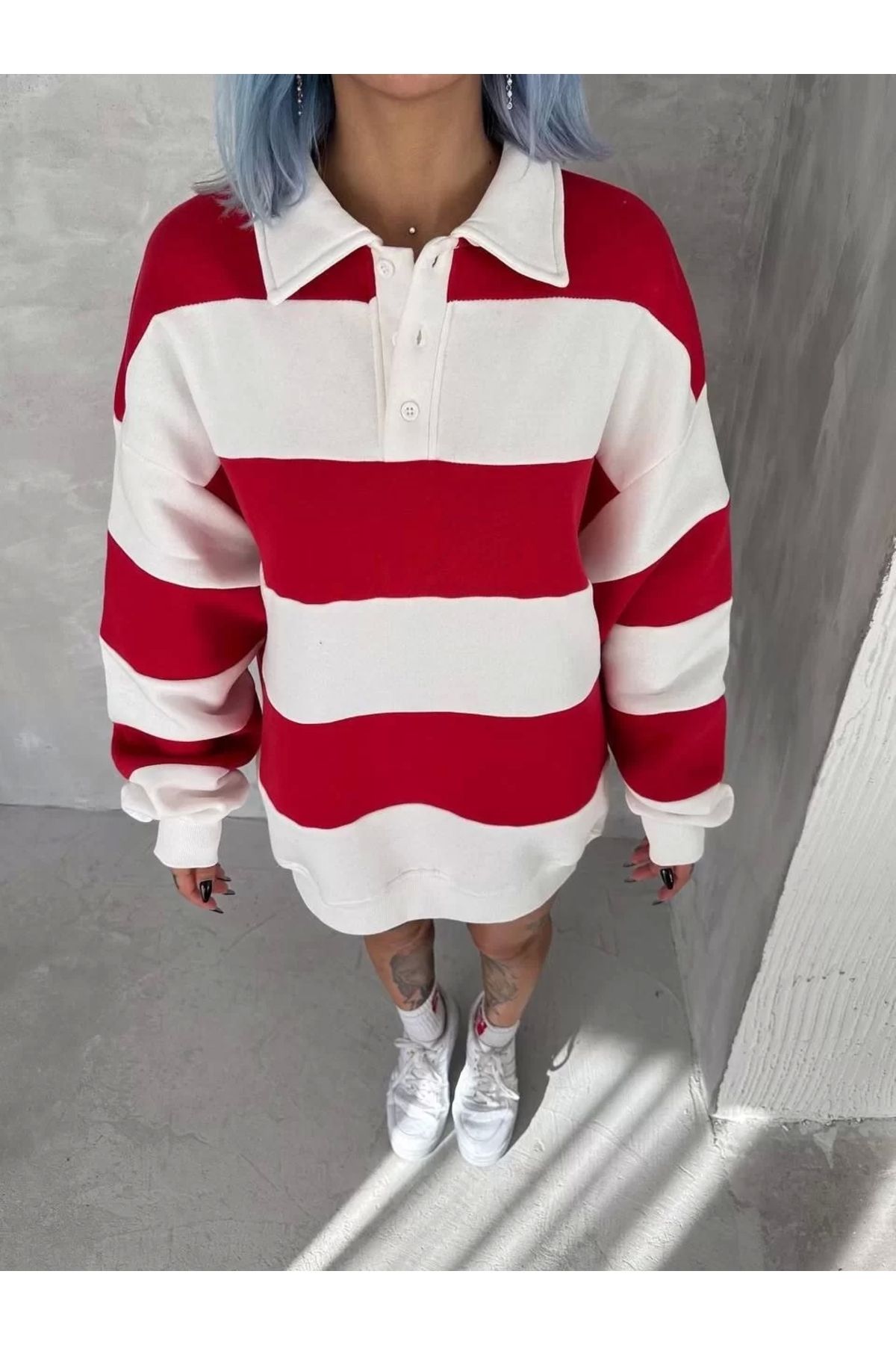 CVS Unisex Üç İplik Parçalı Yakalı SweatShirt - Kırmızı
