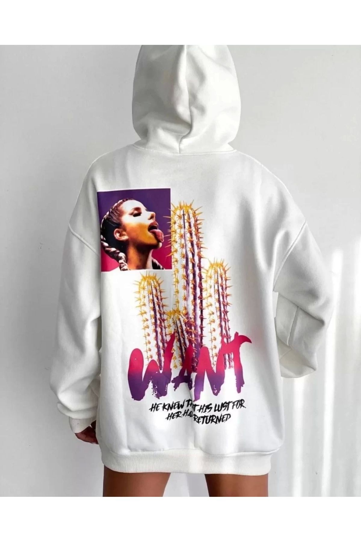 CVS Baskılı Üç İplik Kapüşonlu Oversize Sweatshirt - Beyaz