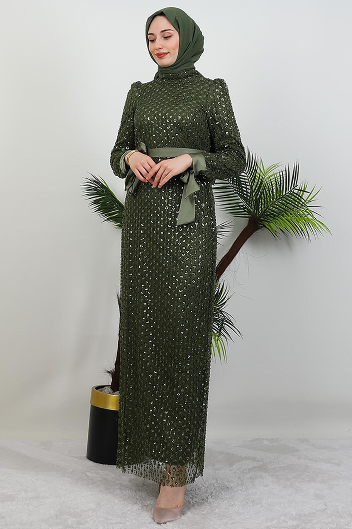 GİYZAMİLA-Dilan Processing Evening Dress Khaki 4