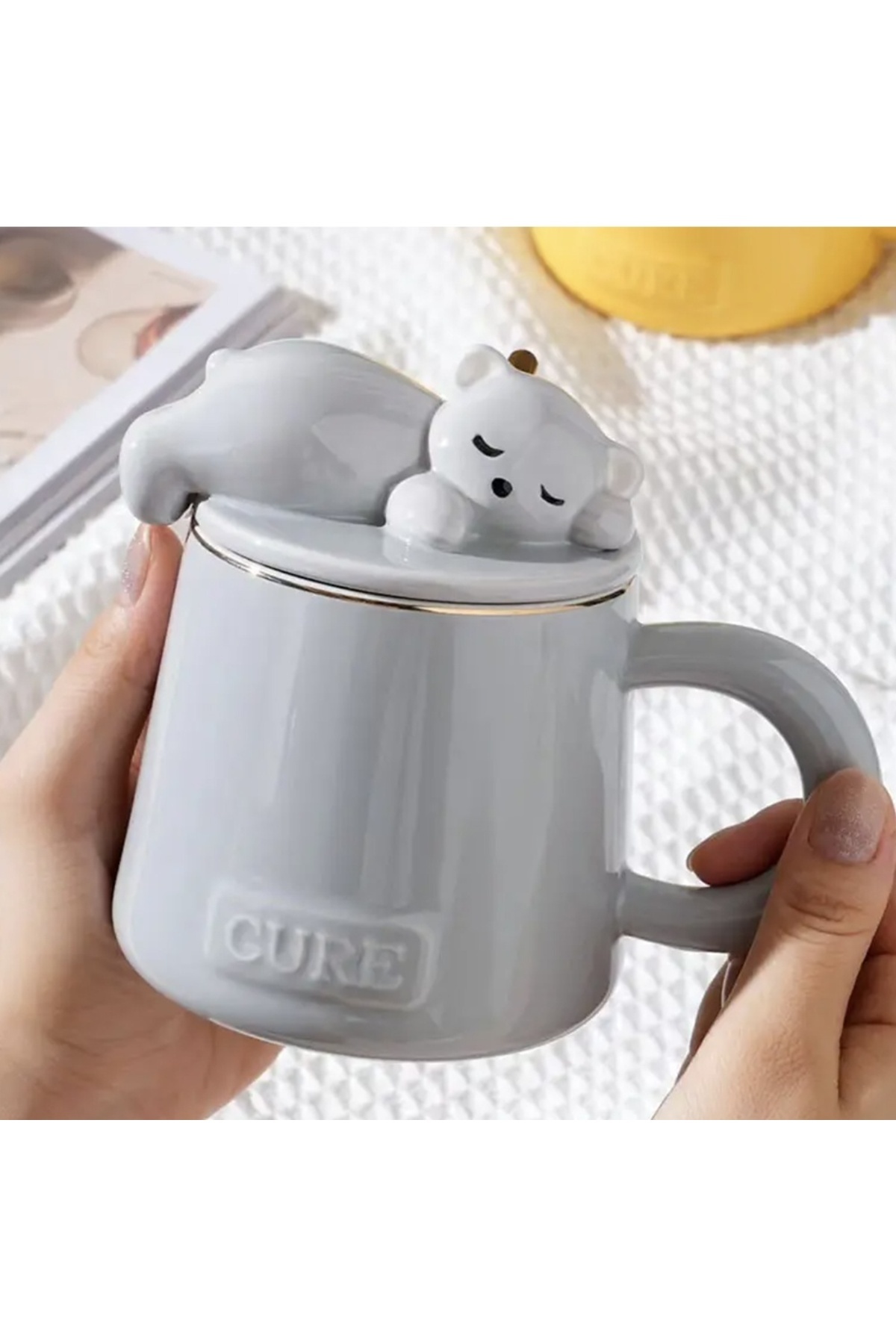 PUFO-Sleepy Bear ceramic mug with lid and spoon for coffee or tea, 320 ml, gray 2