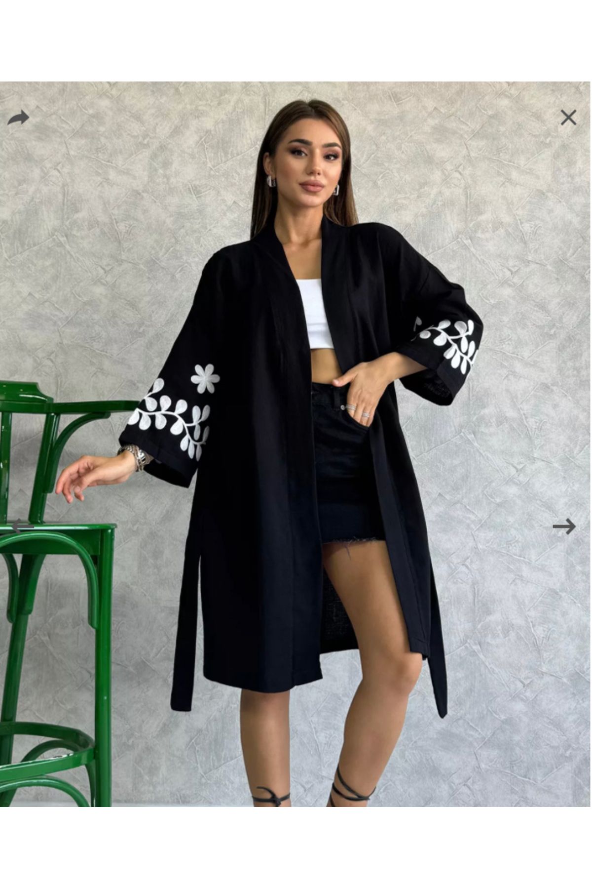 GÜLSELİ Keten siyah kimono kolları nakış işleme