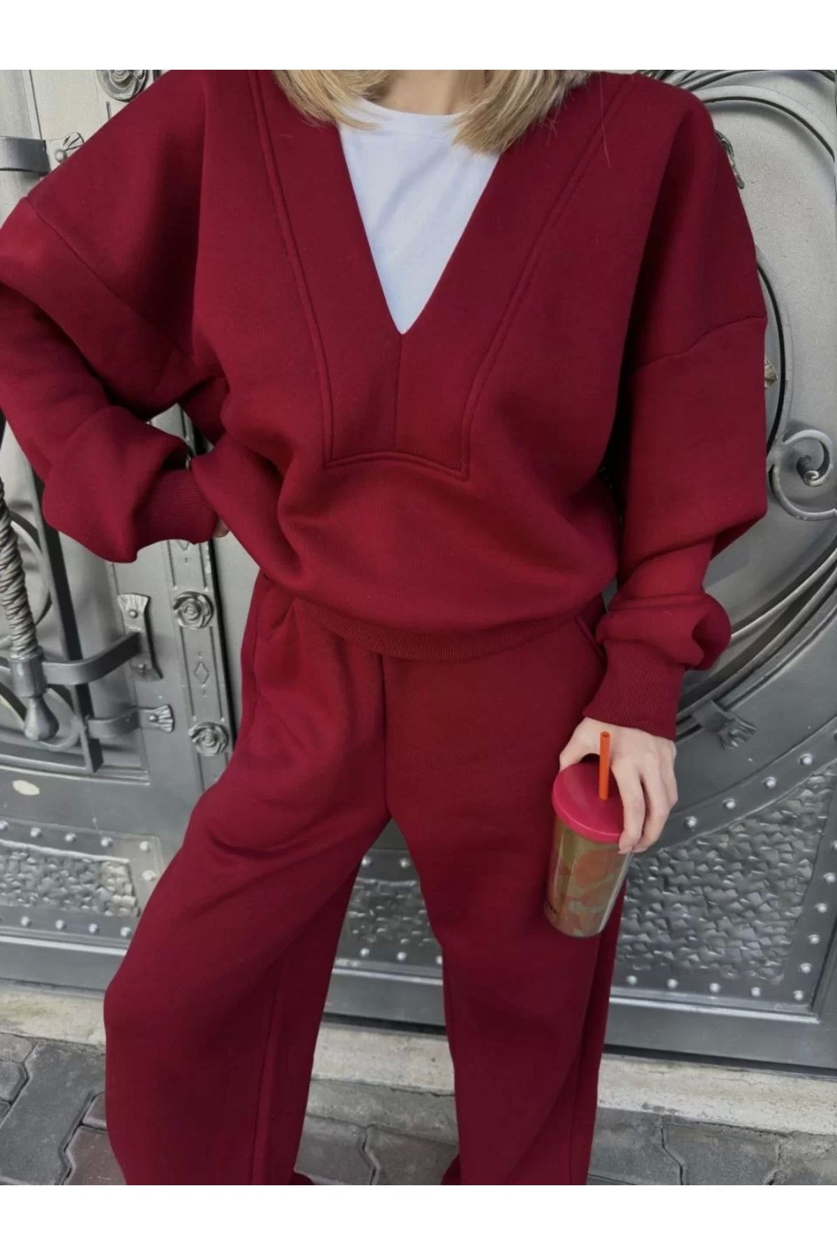 CVS Geniş V Yaka Üç İplik Sweat Takım - Bordo