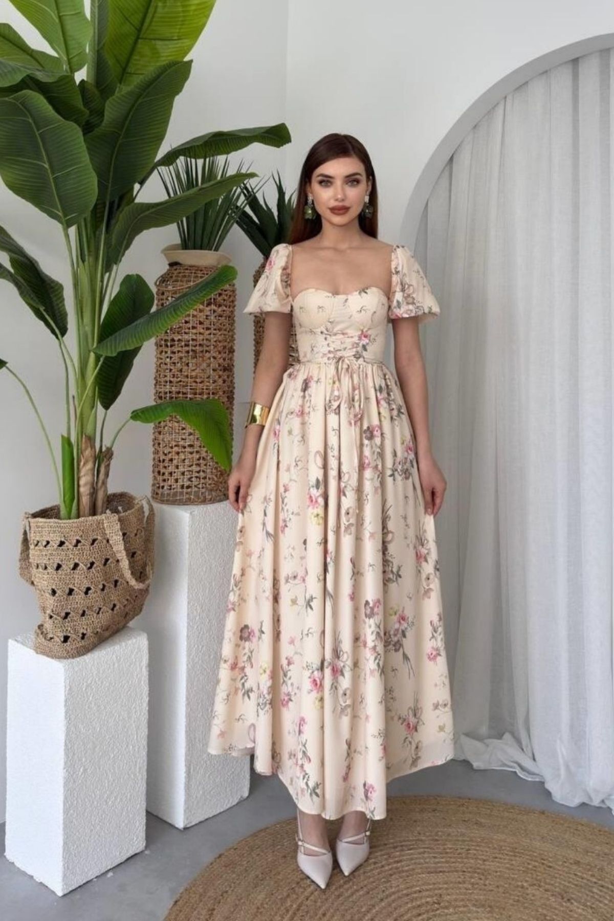 Orihime Vintage Çiçek Desenli Balon Kollu Yazlık Uzun Elbise