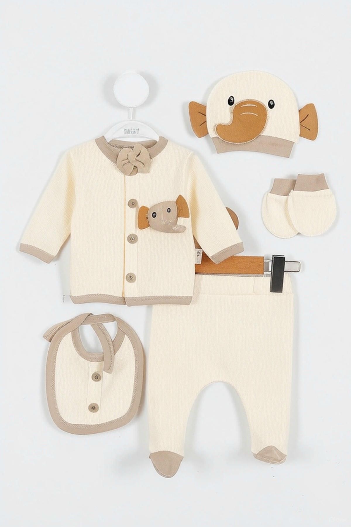 Bebeloji Baby Fil Desenli 5 li Hastane Çıkışı Yeni Doğan Set