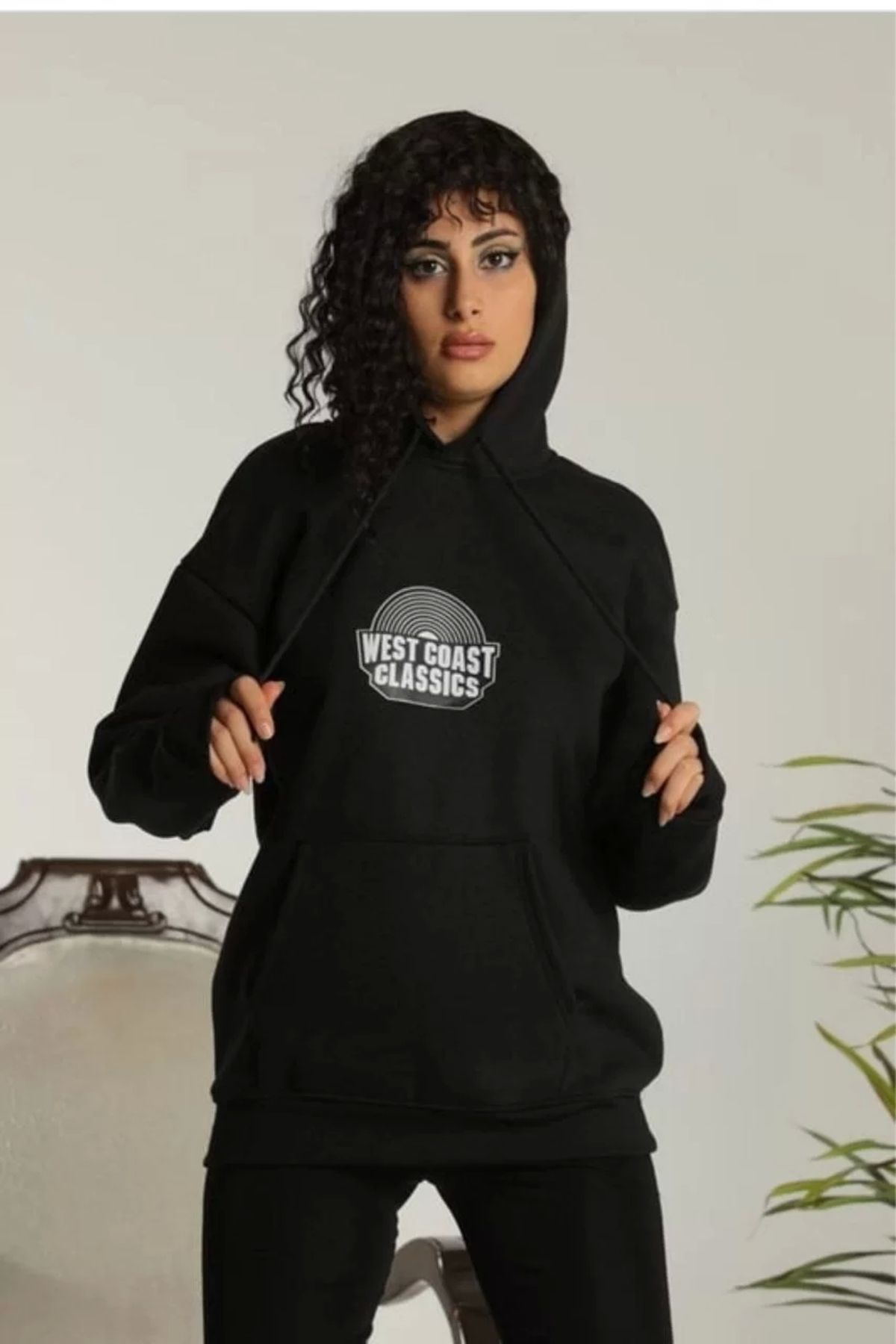 CVS Unisex Sırt Baskılı Kapüşonlu Üç İplik Oversize Sweatshirt - Siyah