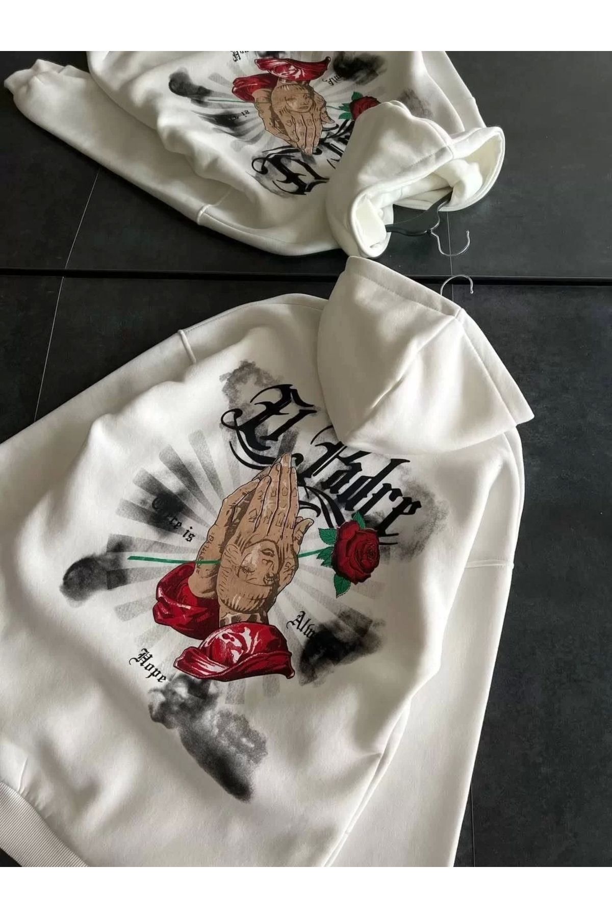 CVS Üç İplik Penye Uzun Kol Kapüşonlu Baskılı SweatShirt - Beyaz