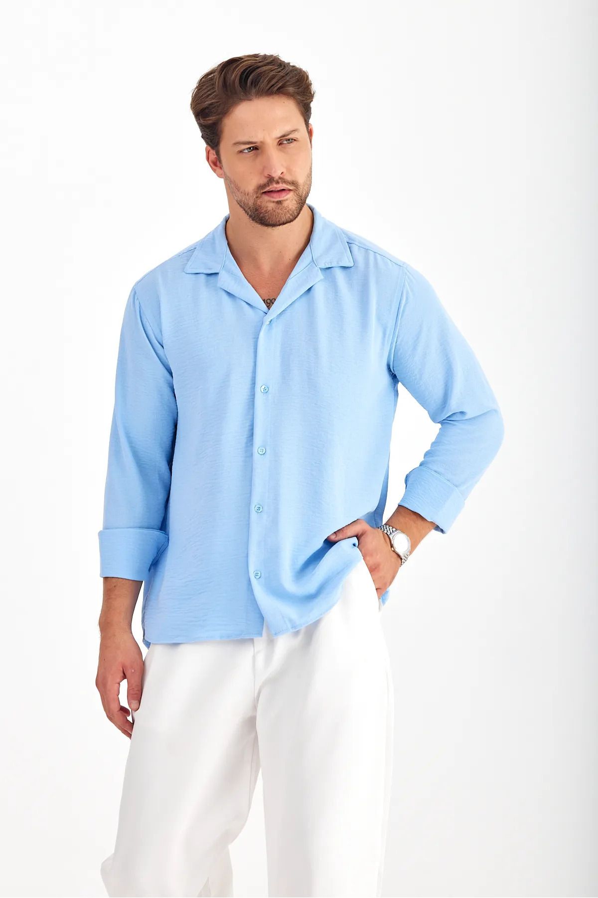 Gray Clothing Riowela Erkek Bebe Mavisi Keten Aerobin Bol Kalıp Yazlık Oversize Salaş Gömlek