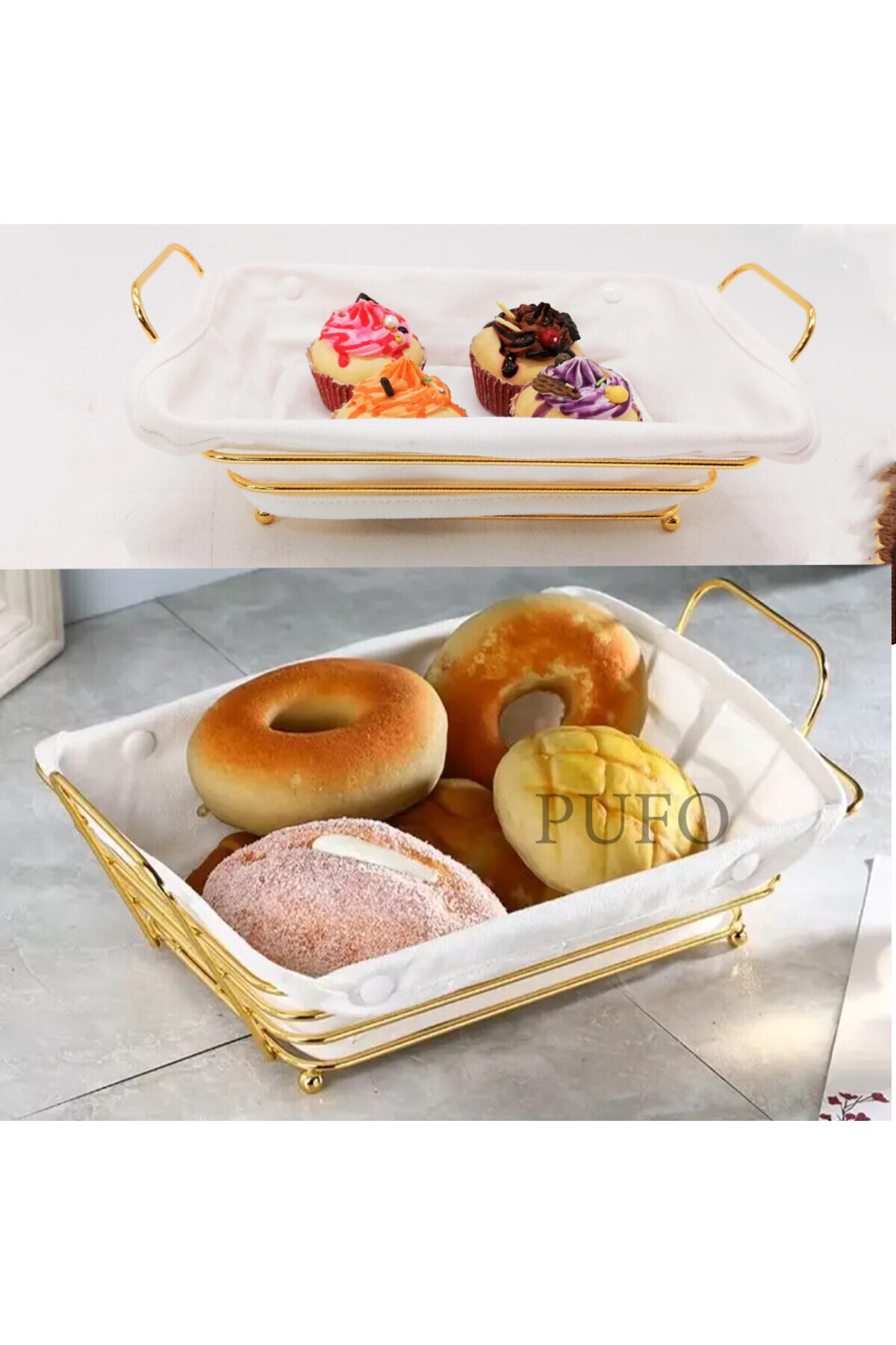 PUFO-Rectangular metal basket kitchen for serving bread, with legs and removable textile cover 5