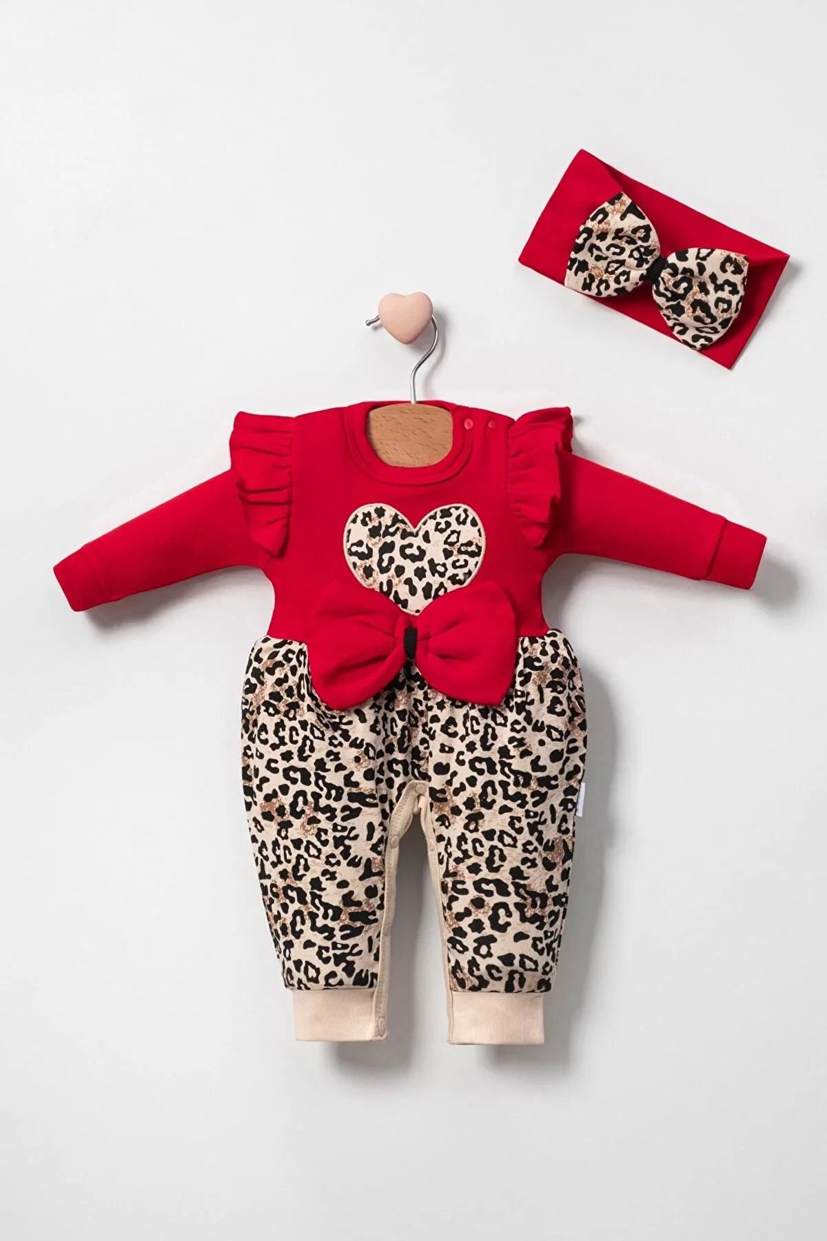 Shop58 Leopar Desenli Fiyonklu % 100 Pamuk Kız Bebek Tulum
