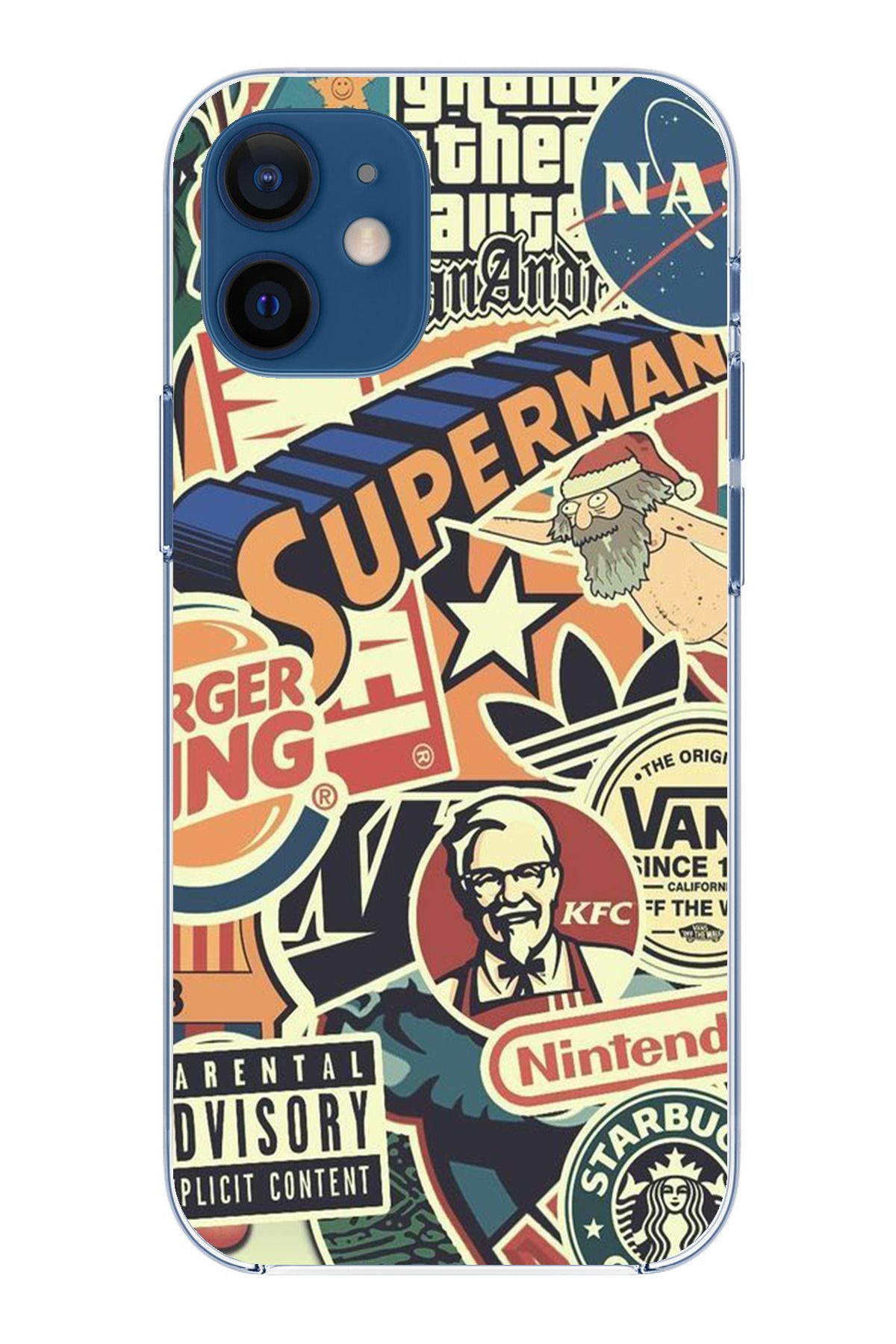 TechTree iPhone 12 Mini Uyumlu Retro Nostaljik Markalar Tasarımlı Şeffaf Silikon Kılıf