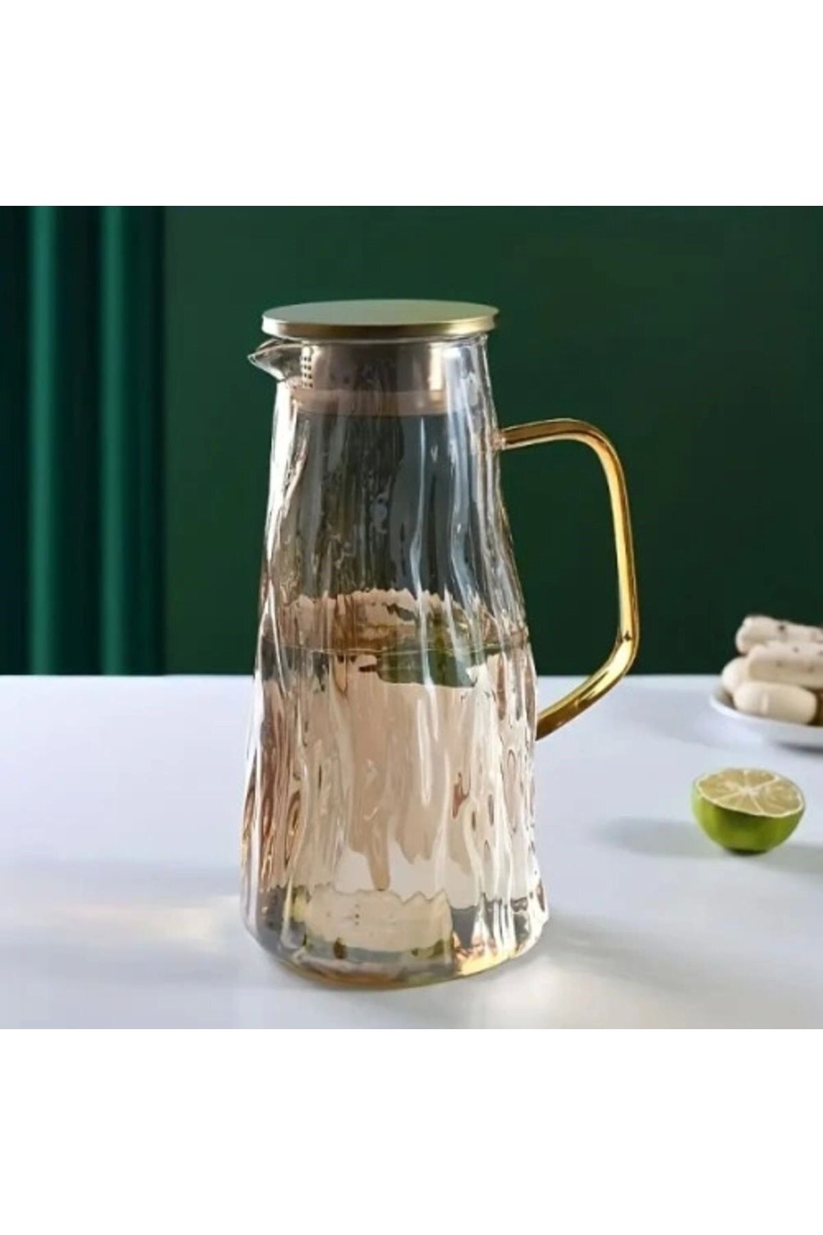 morponi Borosilikat Cam Metal Kapaklı Lüks Cam Sürahi 1800 ml Amber Dalgalı MT