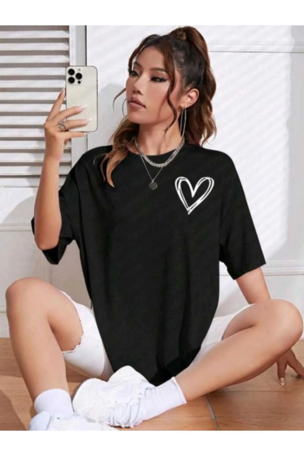 Fox Life Kids Minimal Kalp Baskılı Beyaz Oversize Tshirt