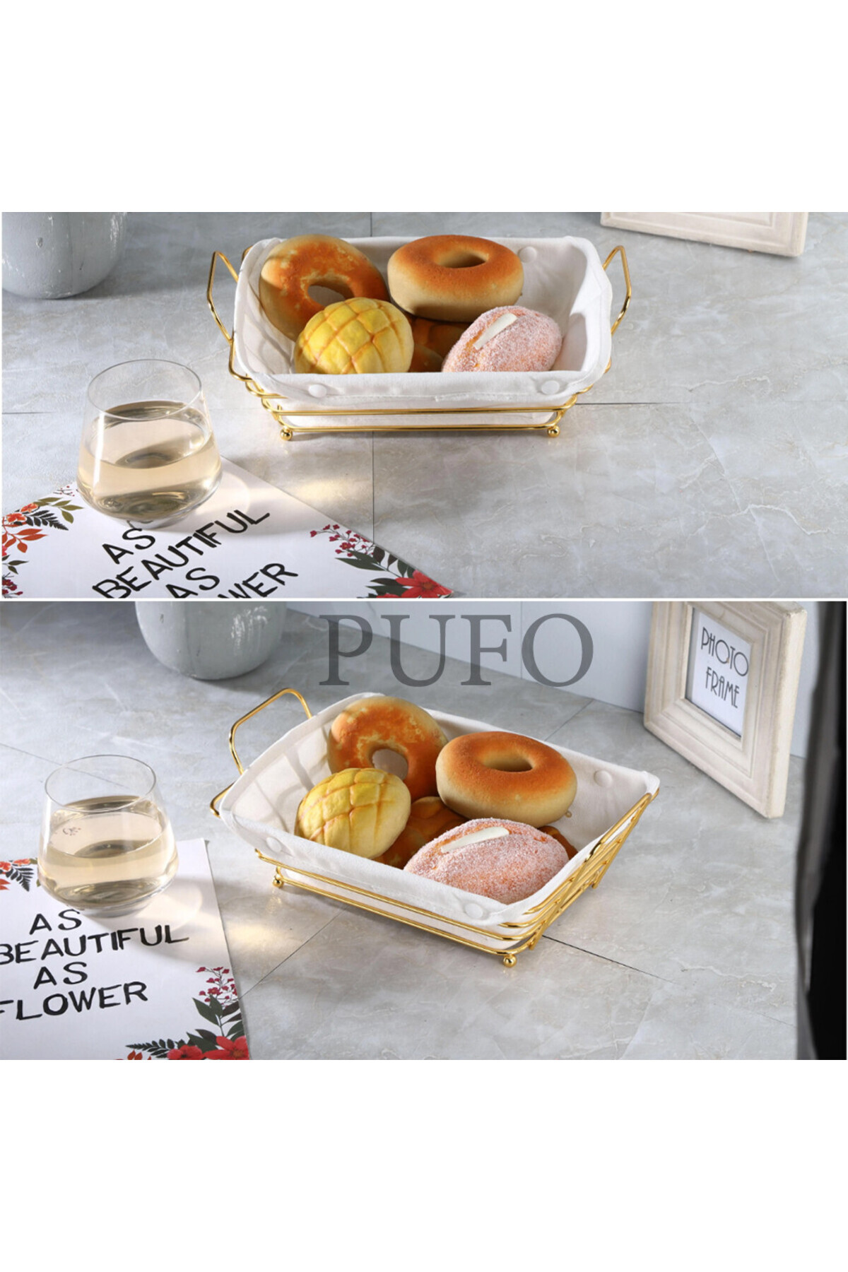 PUFO-Rectangular metal basket kitchen for serving bread, with legs and removable textile cover 4