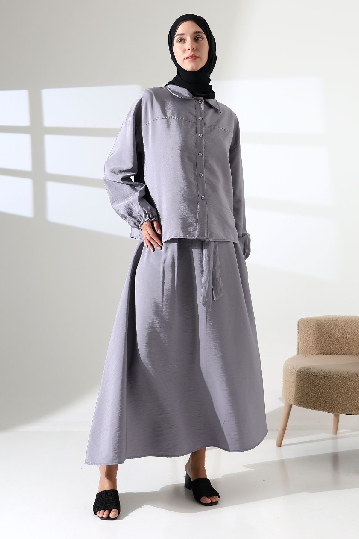 Mihran Butik Kadın 100% Pamuk Modal Gri Gömlek Etek Tesettür Takım