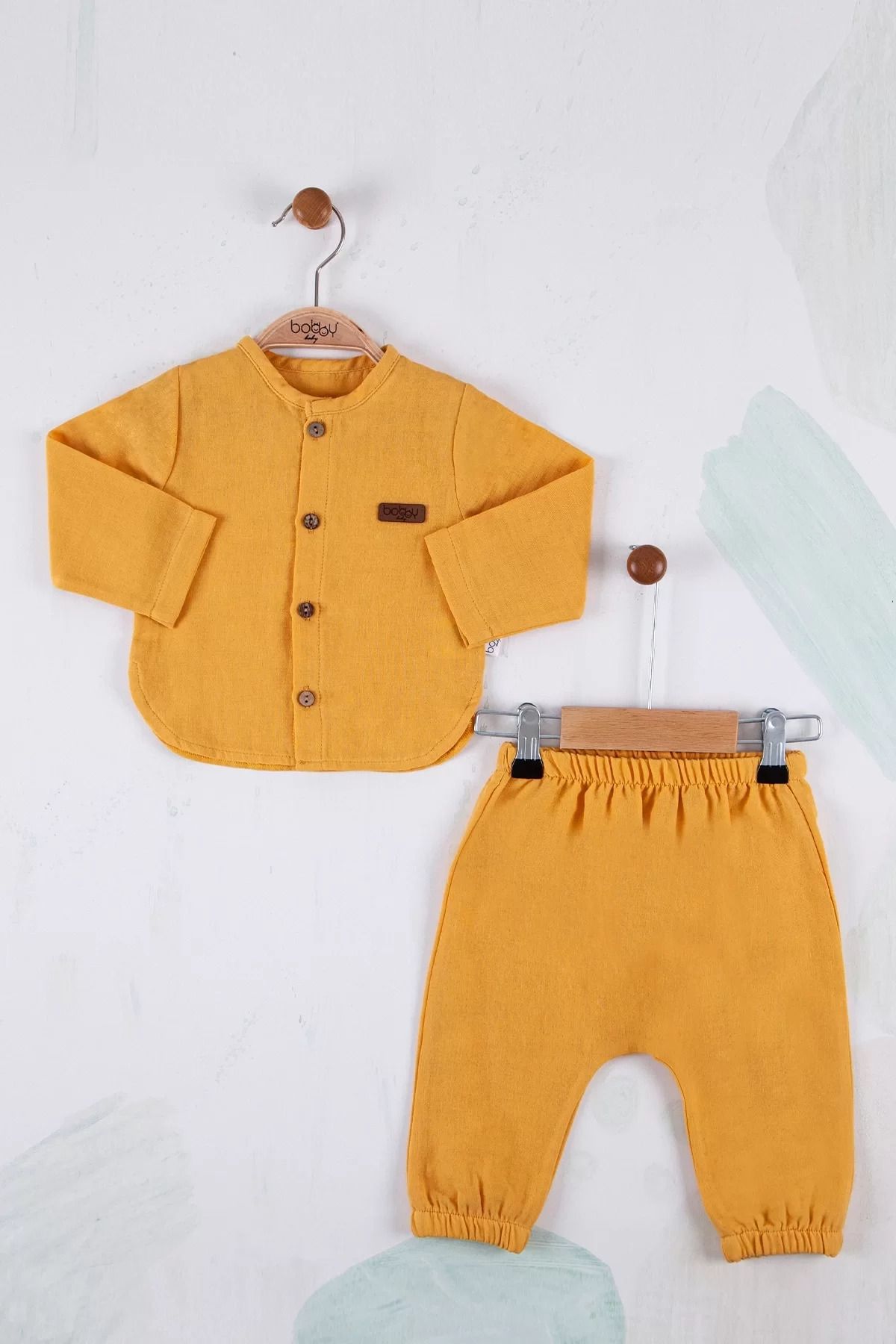 Shop58 Oval Kesim 5 Düğmeli Müslin Kumaş 2'li Erkek Bebek Takımı