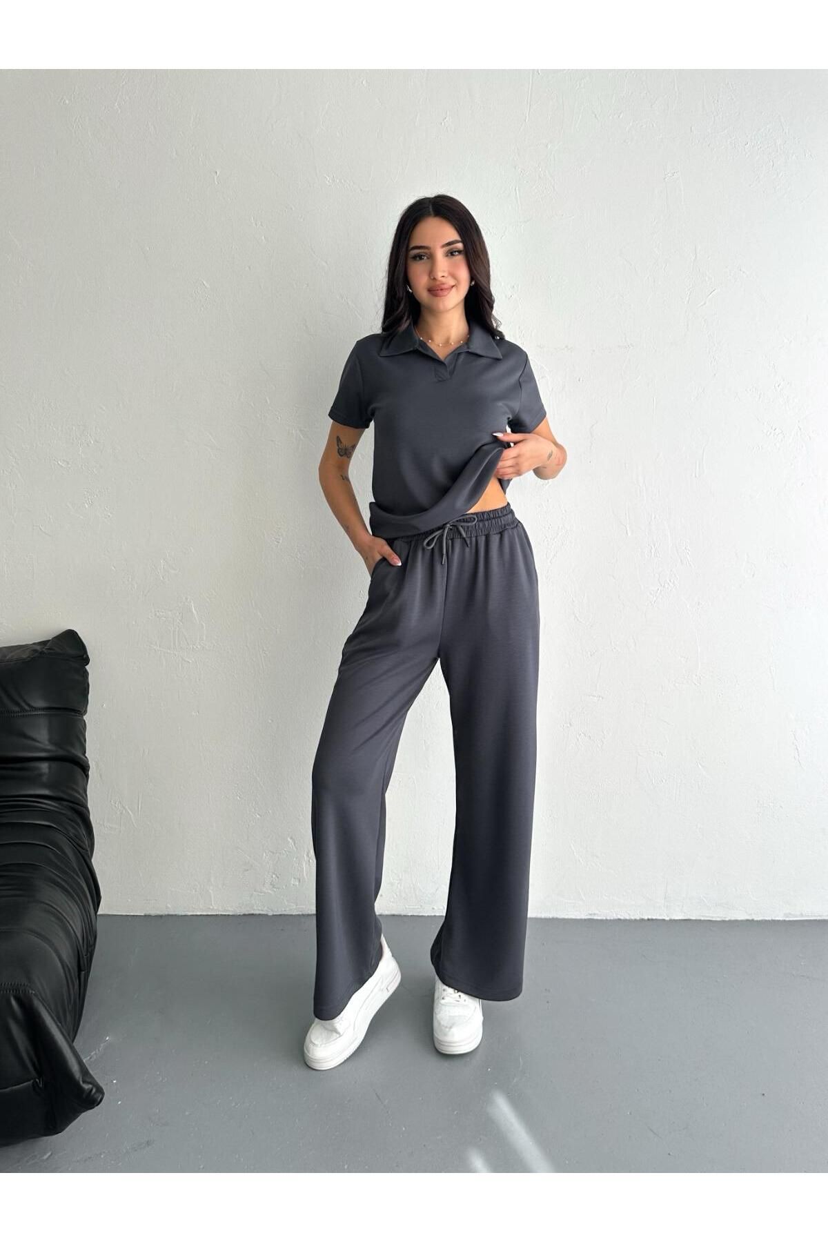 MODAMİNEM Kadın Modal Kumaş Polo Yaka Basic Eşofman Takımı