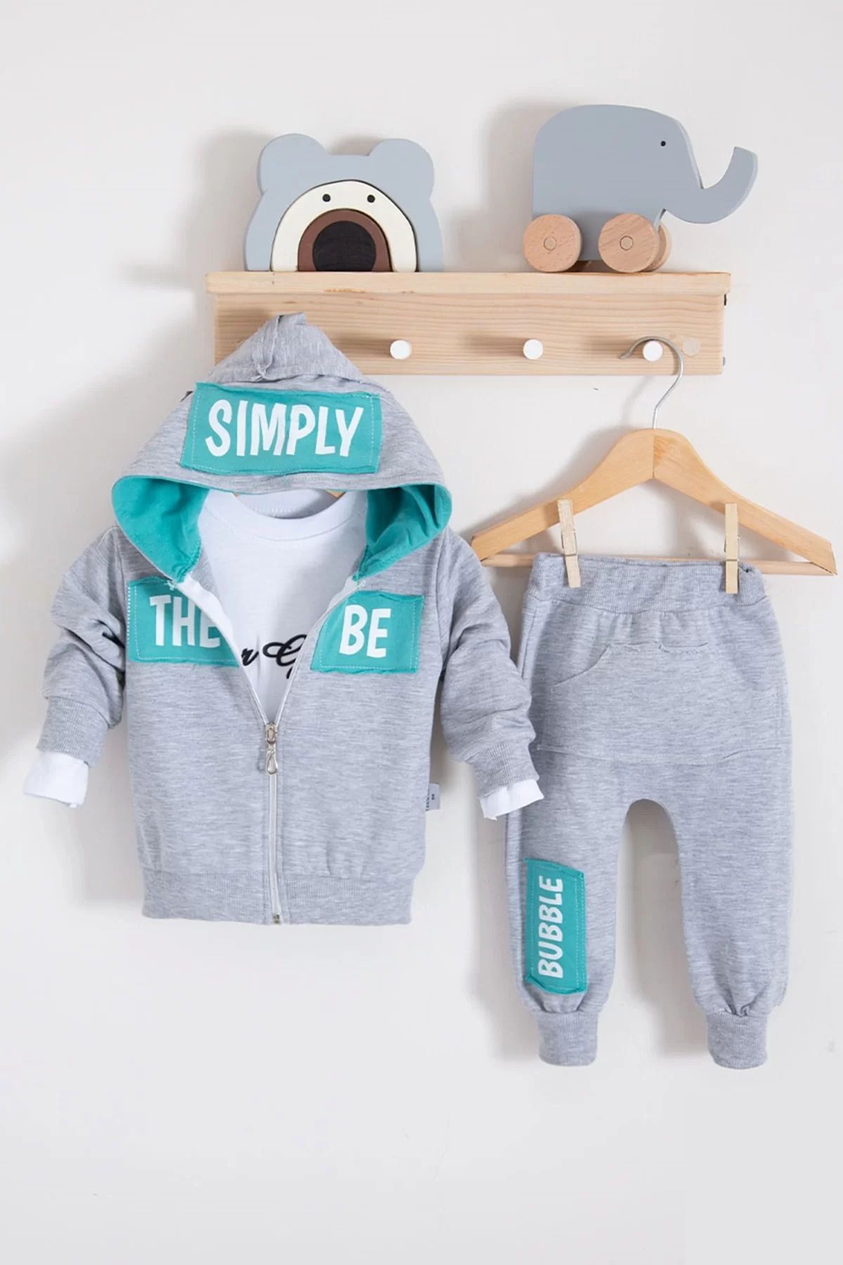 Shop58 Simply Desenli Kapişonlu 3'lü Erkek Bebek Takımı