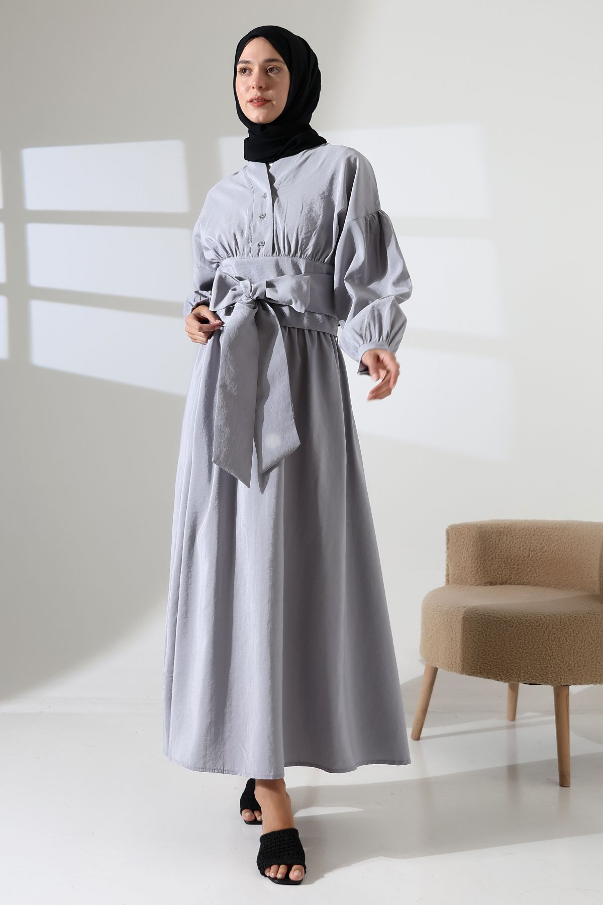 Mihran Butik Kadın 100% Pamuk Modal Gri Gömlek Etek Tesettür Takım