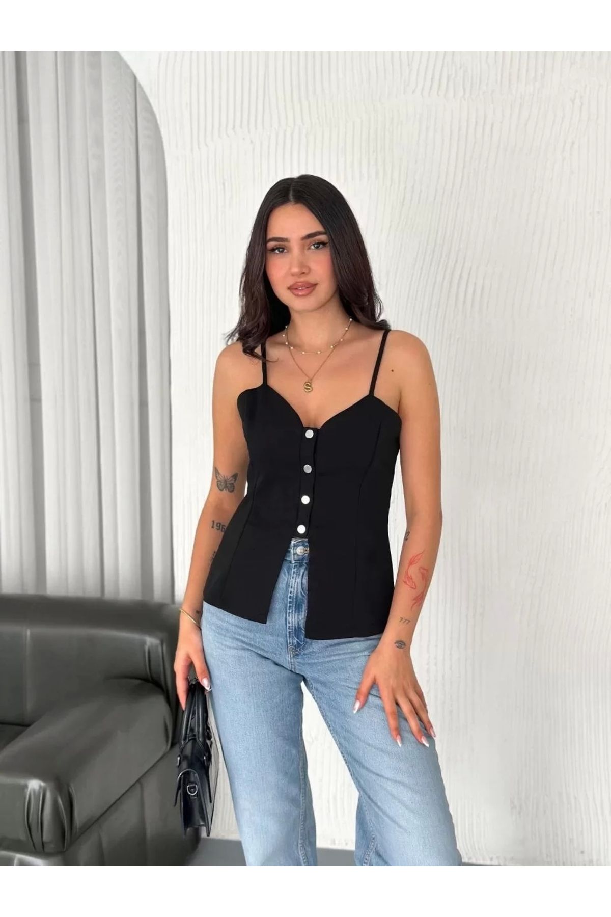 CVS Askılı Dekolte deraylı bluz crop - Siyah