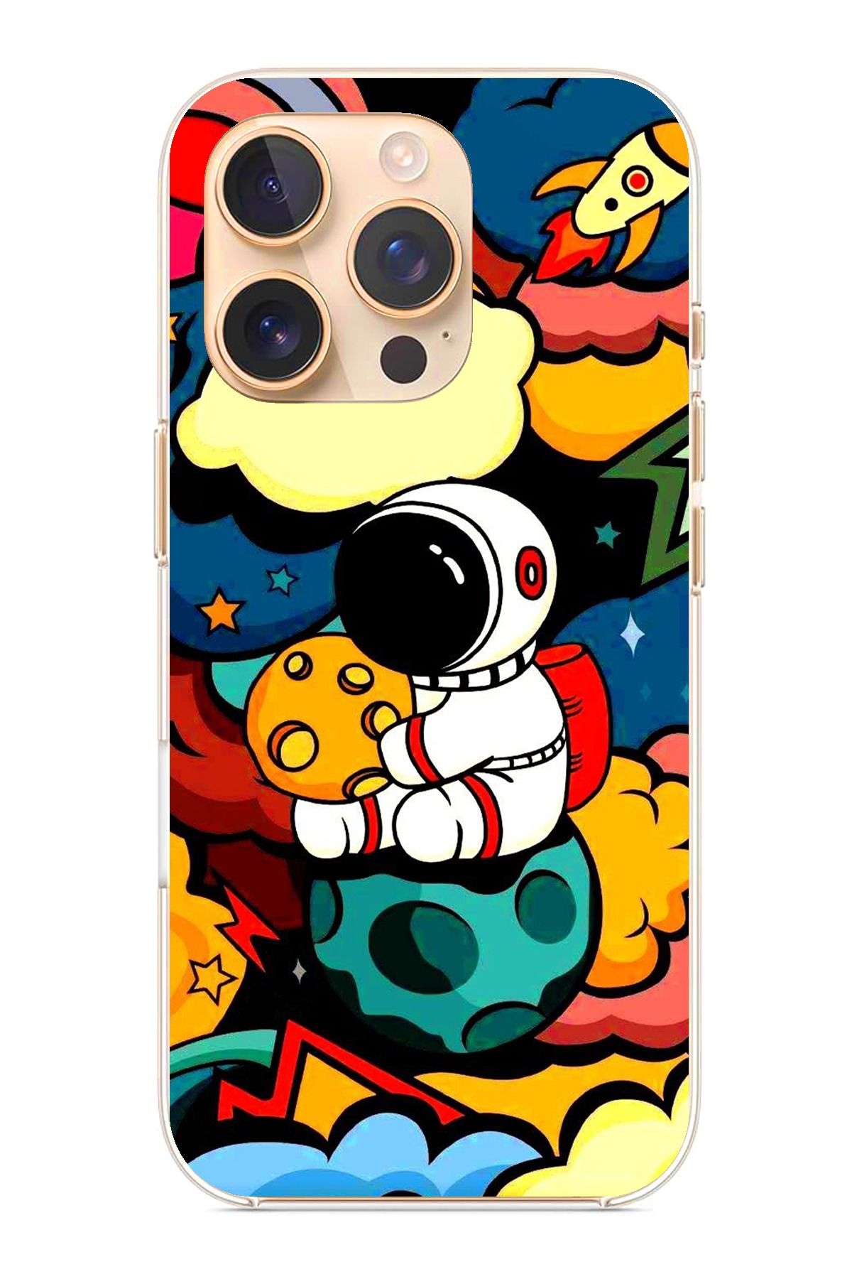 TechTree iPhone 16 Pro Uyumlu Renkli Astronot Tasarımlı Şeffaf Silikon Kılıf