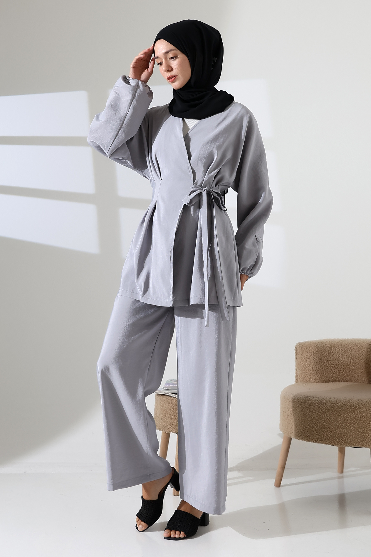 Mihran Butik-Women's 100% Cotton Modal Gray Kimono Pants Hijab Suit 3