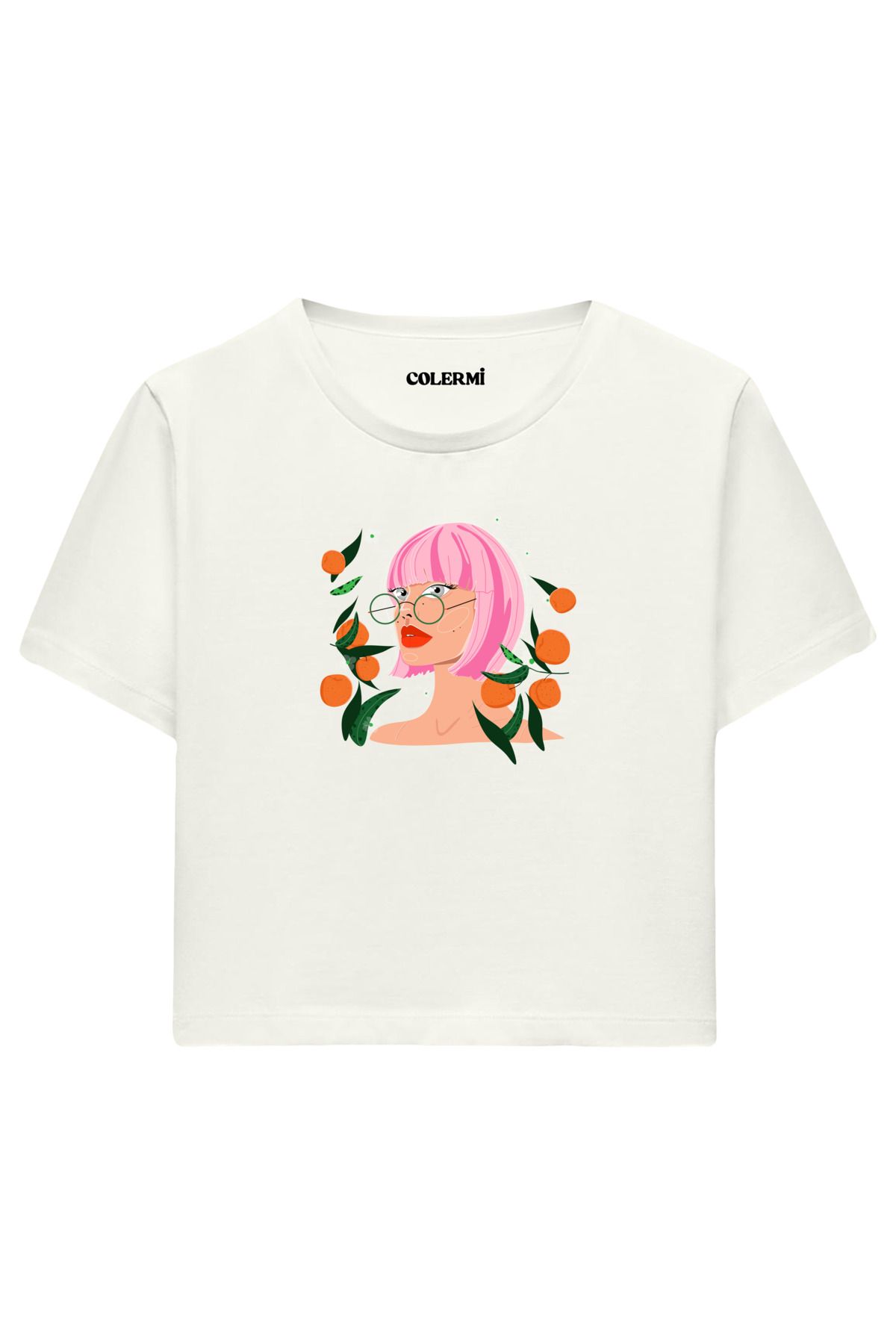 Colermi Mandalina Bahçesi Kadın İllüstrasyonlu %100 Pamuk Kadın Crop Tshirt