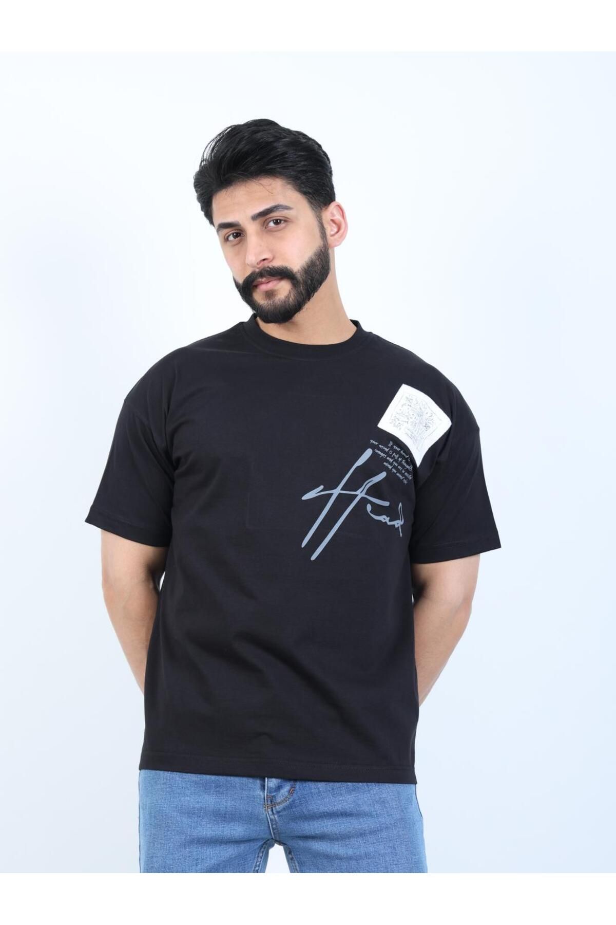 twentyfive25 Erkek Bisiklet Yaka Baskılı Nakışlı Oversize Tişört