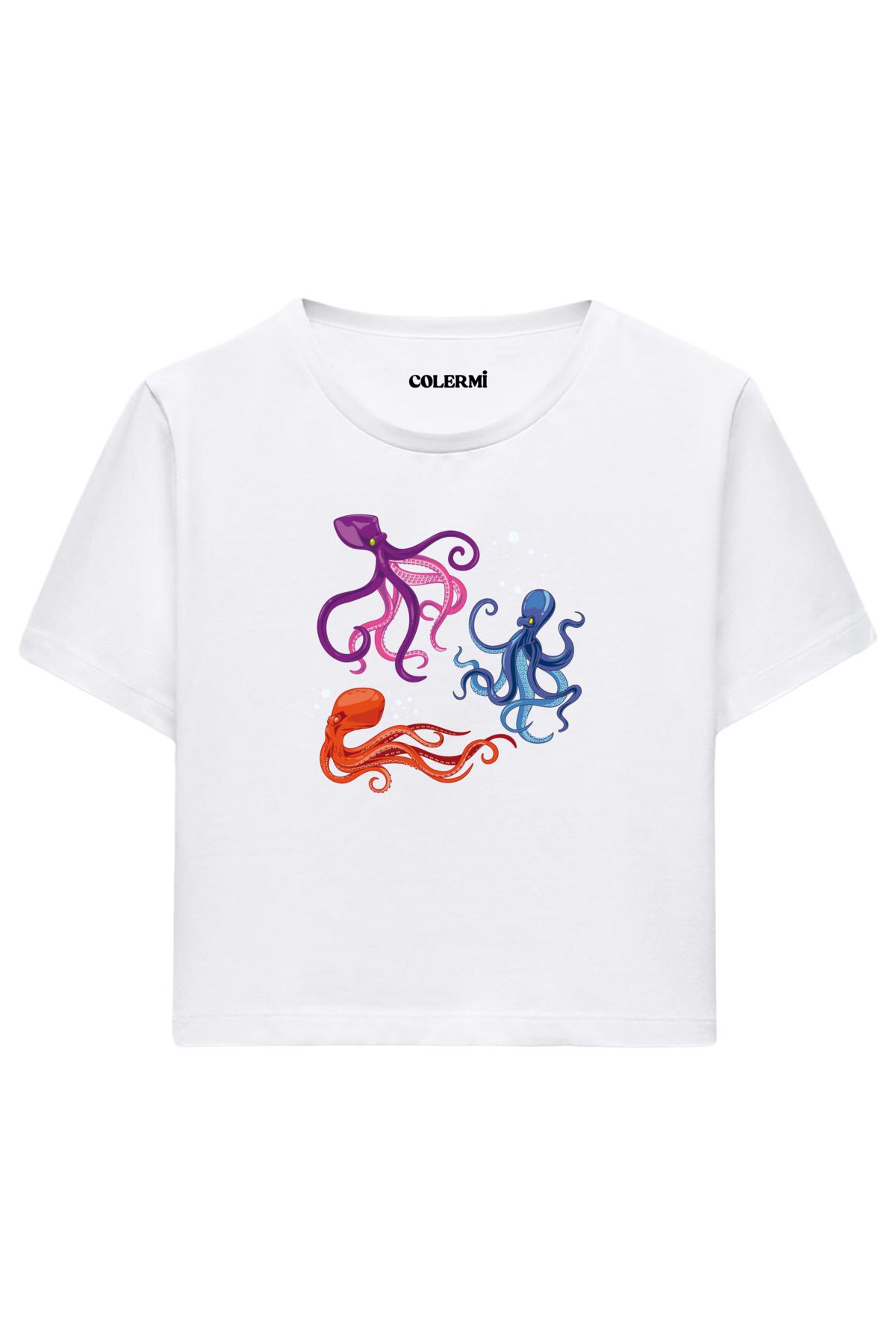 Colermi Renkli Ahtapot Baskılı %100 Pamuk Kadın Crop Tshirt