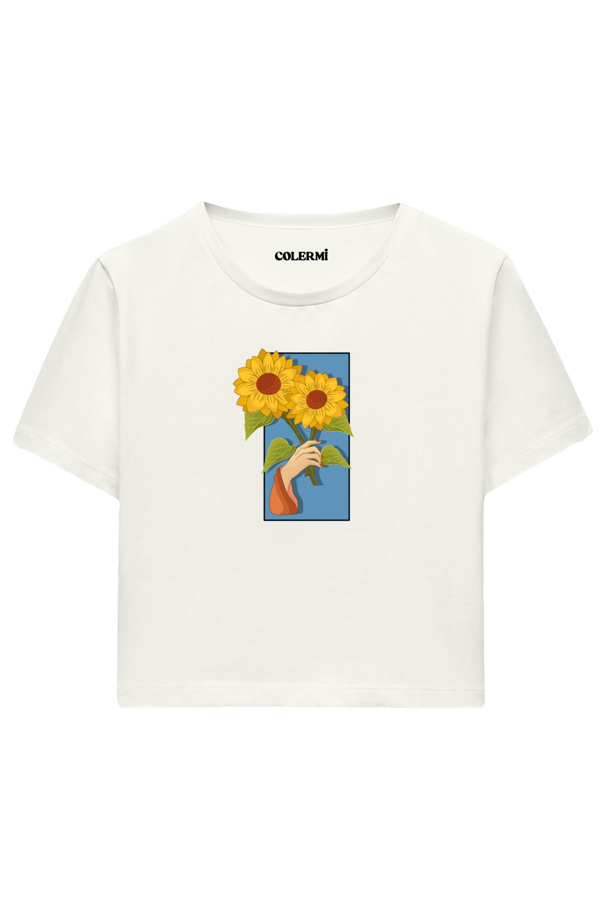 Colermi Ayçiçeği Tutulmuş %100 Pamuk Kadın Crop Tshirt