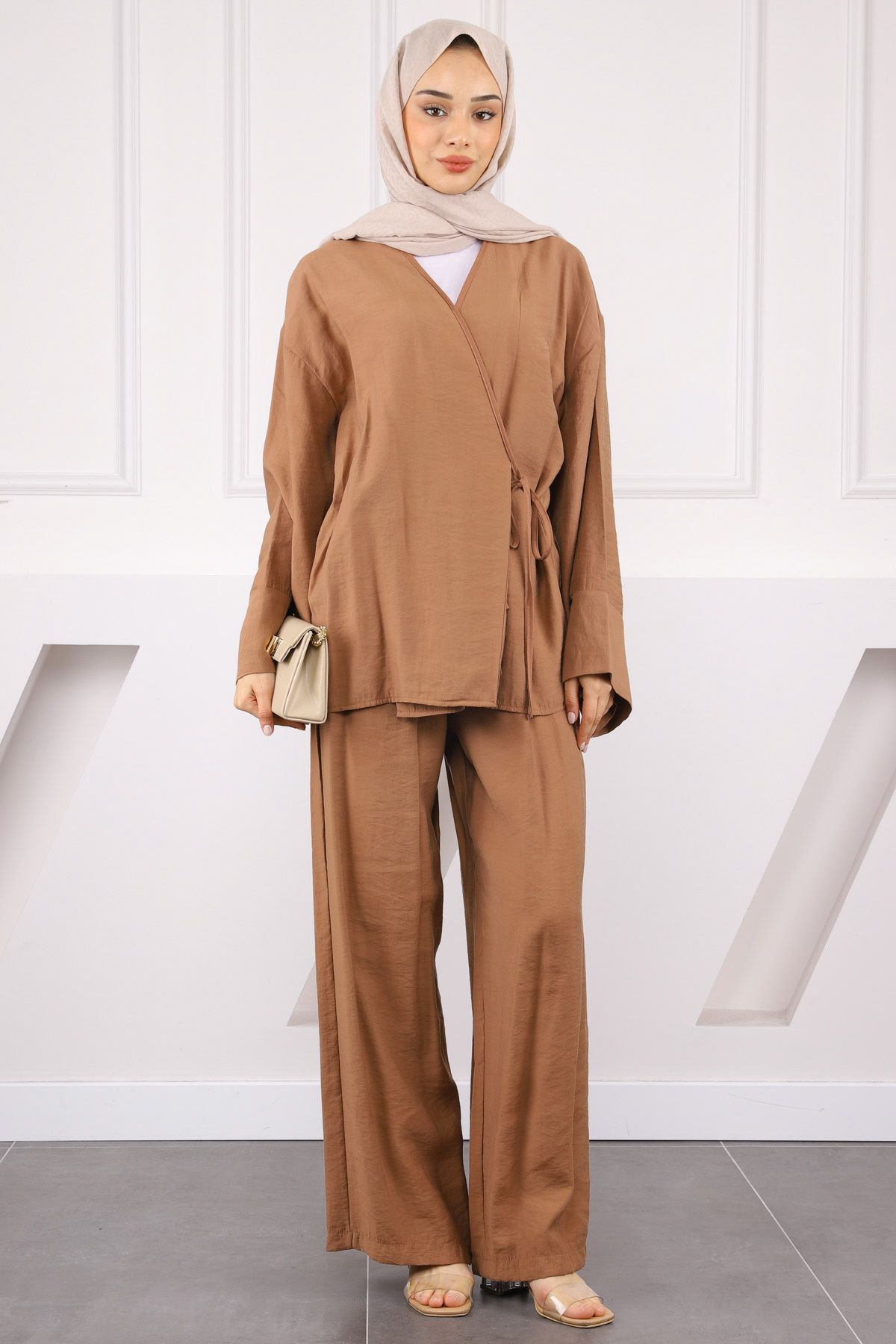 İmajButik Camel Bel Bağlamalı Modal Kimono Pantolonlu Takım