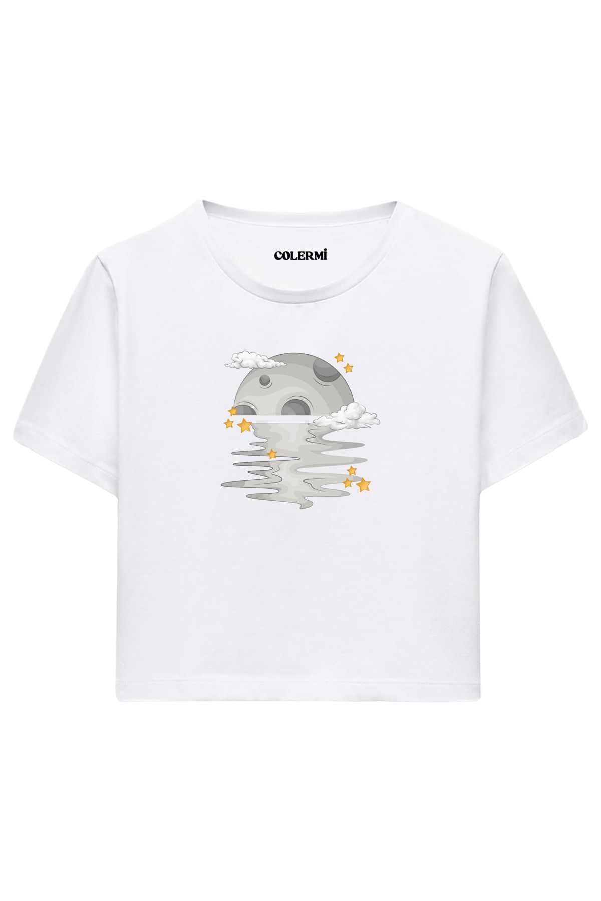 Colermi Yansıyan Ay ve Yıldızlar %100 Pamuk Kadın Crop Tshirt