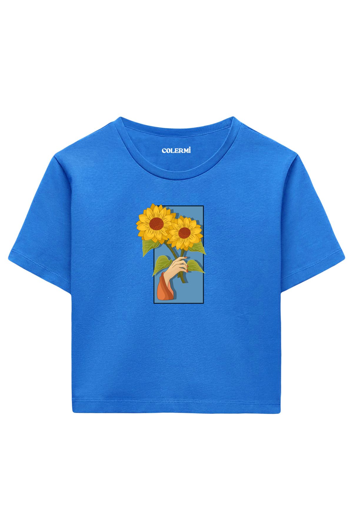 Colermi Ayçiçeği Tutulmuş %100 Pamuk Kadın Crop Tshirt
