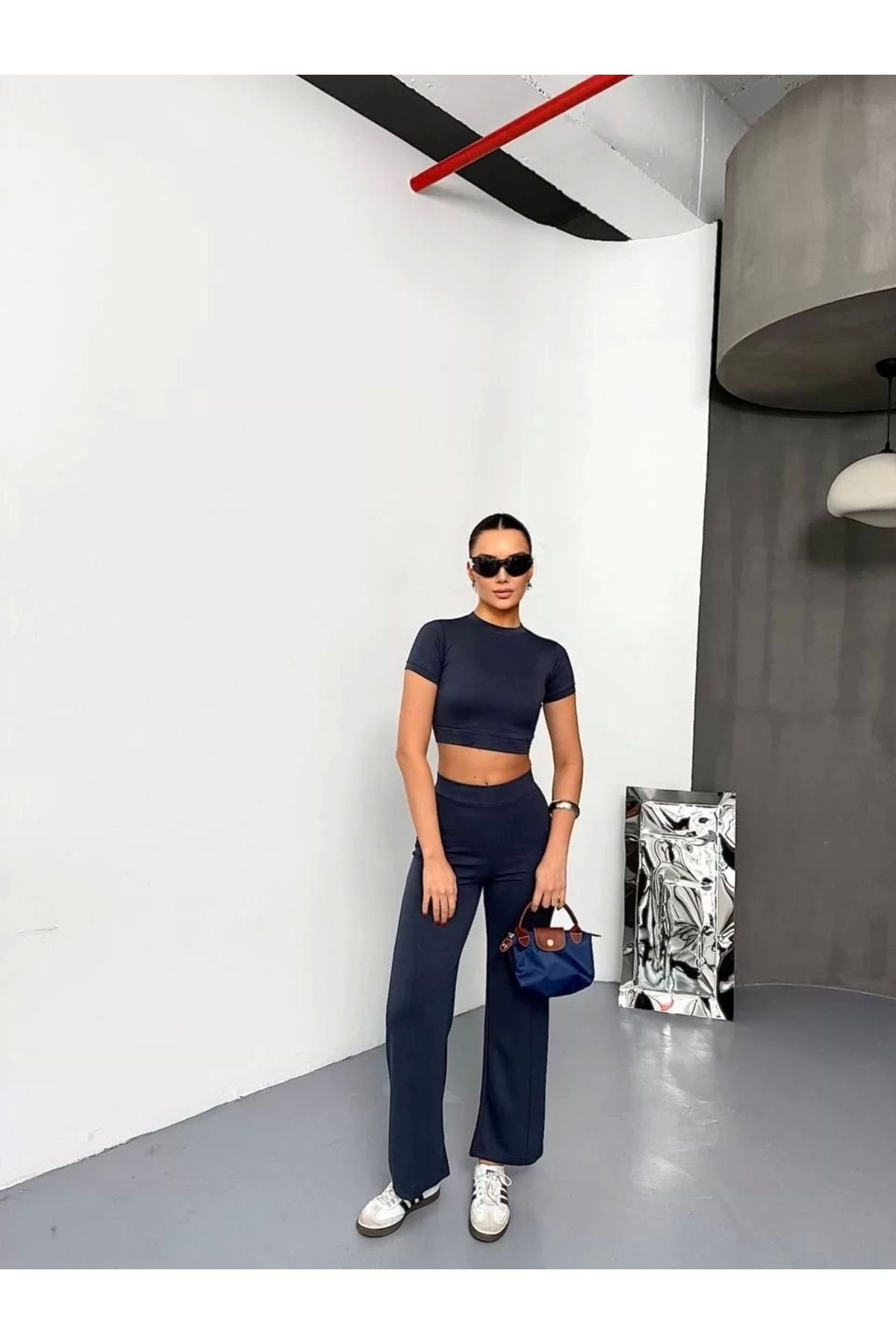 CVS Osy Modal Yumuşak Dokulu Kumaş Kısa Kollu Crop Alt ispanyol Paça Pantalon ikili Takım - Füme