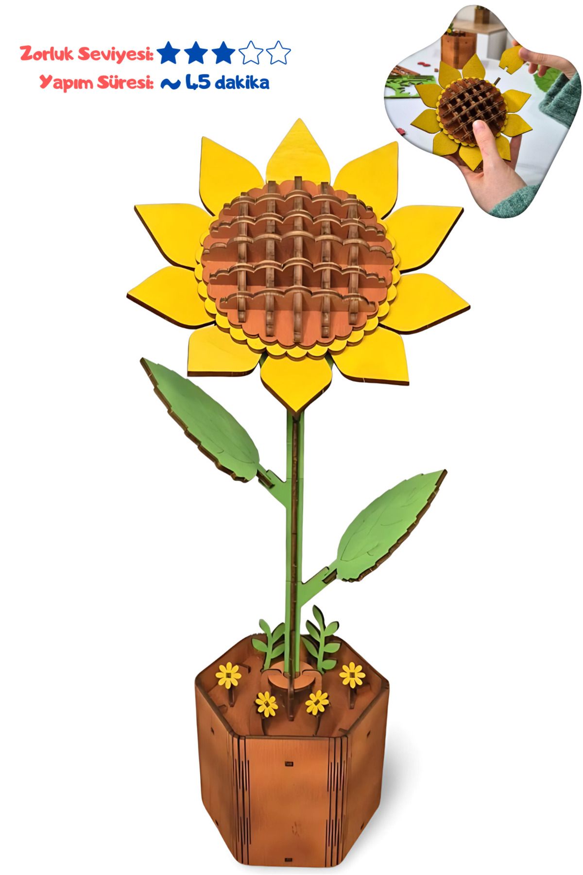 Hediyelik Ahşap Çiçek - AYÇİÇEĞİ - 3D Çiçek Puzzle - DIY