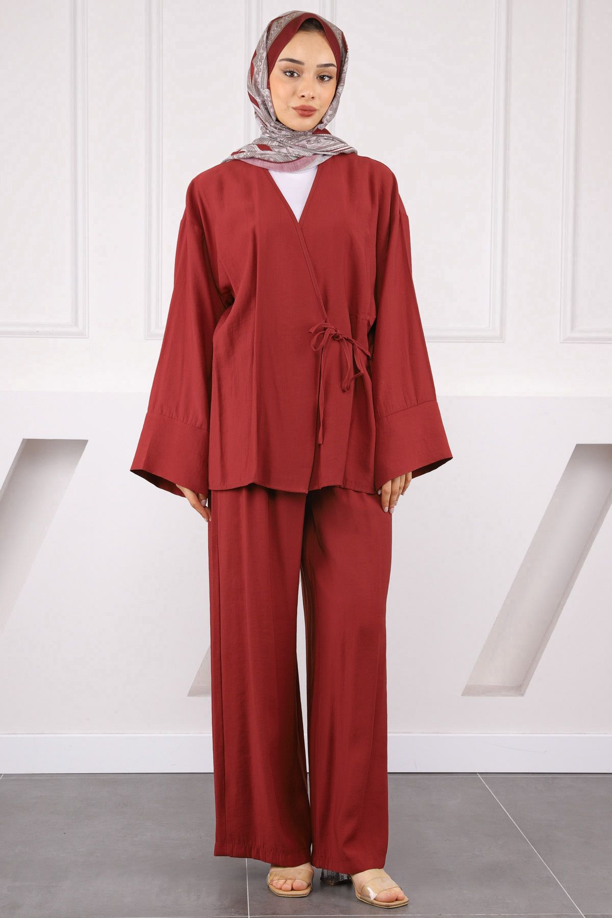 İmajButik Bordo Bel Bağlamalı Modal Kimono Pantolonlu Takım